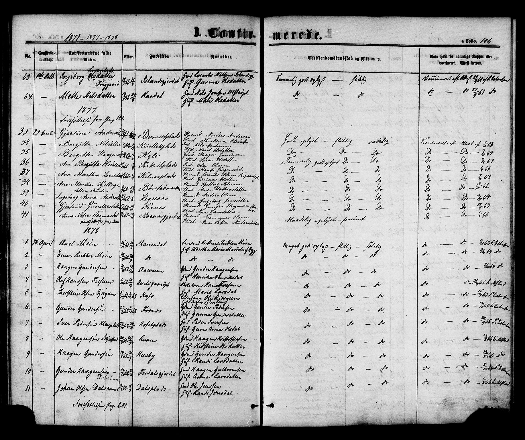 Ministerialprotokoller, klokkerbøker og fødselsregistre - Nord-Trøndelag, SAT/A-1458/703/L0029: Parish register (official) no. 703A02, 1863-1879, p. 106