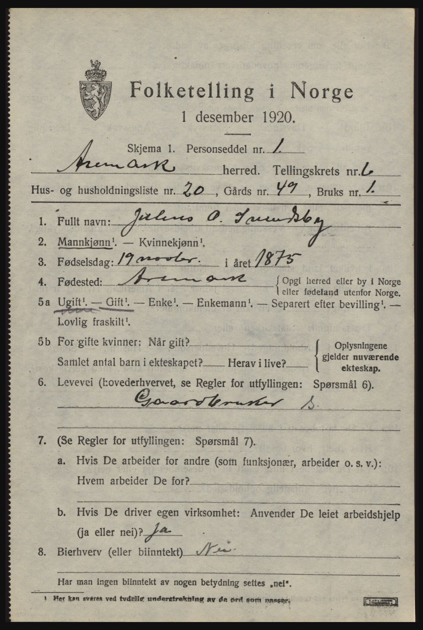 SAO, 1920 census for Aremark, 1920, p. 3941
