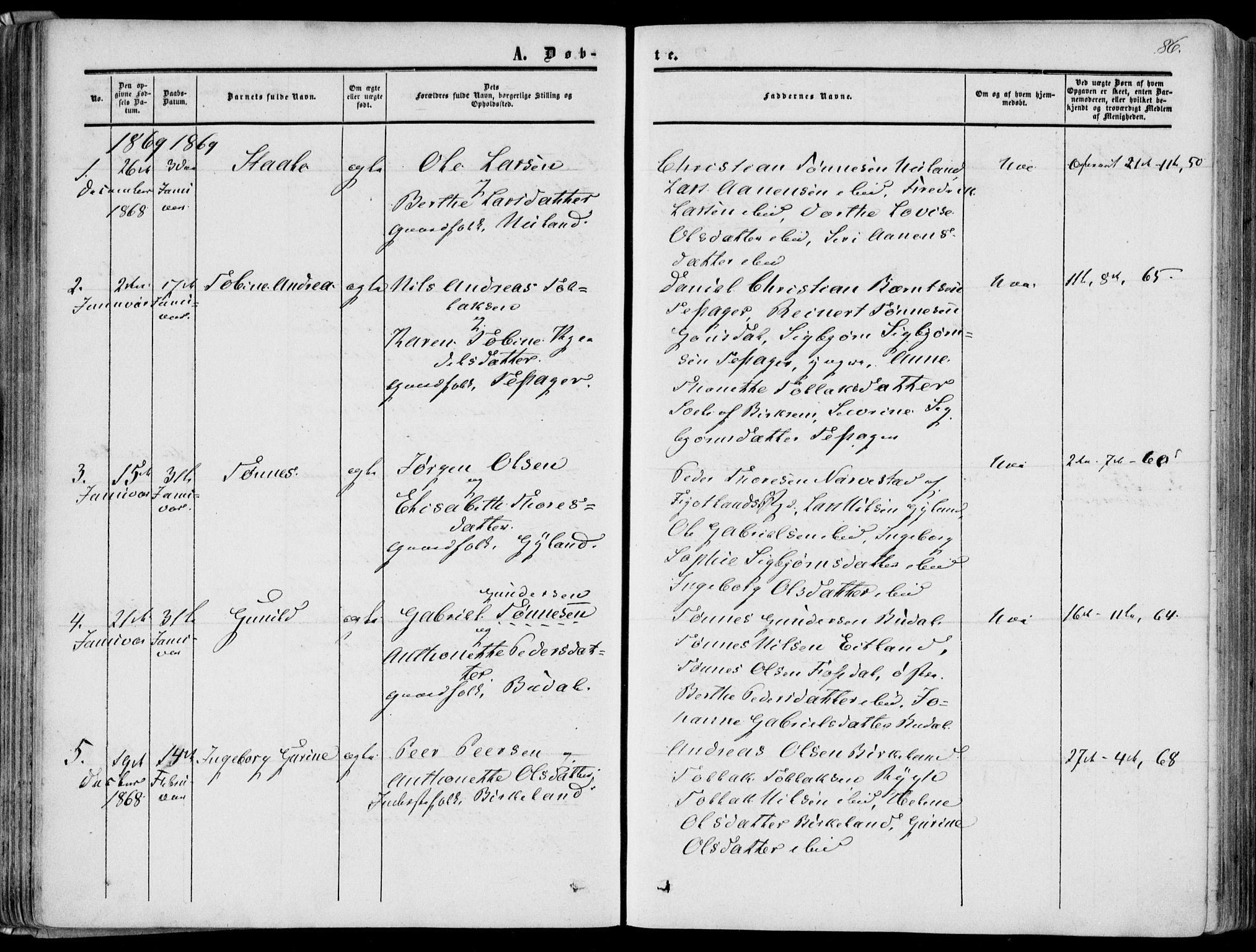 Bakke sokneprestkontor, SAK/1111-0002/F/Fa/Fab/L0002: Parish register (official) no. A 2, 1855-1884, p. 86