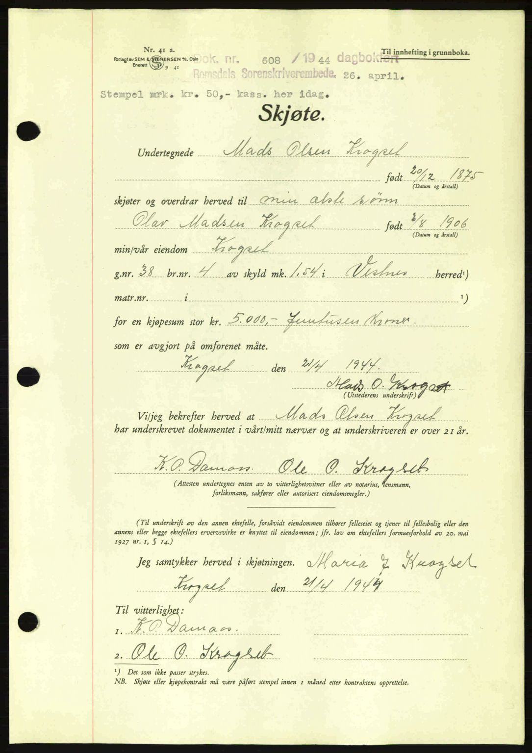 Romsdal sorenskriveri, SAT/A-4149/1/2/2C: Mortgage book no. A16, 1944-1944, Diary no: : 608/1944