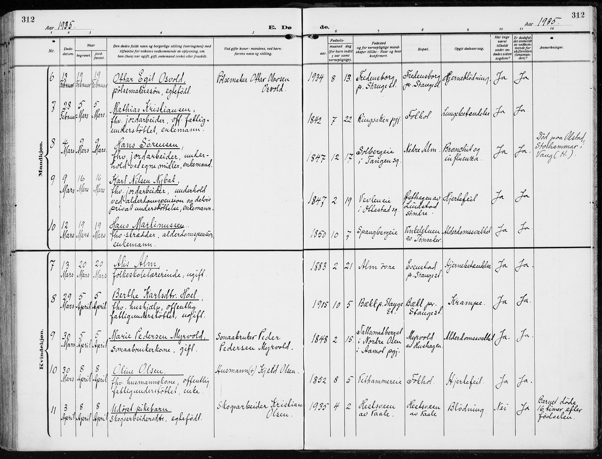 Stange prestekontor, AV/SAH-PREST-002/K/L0026: Parish register (official) no. 26, 1923-1937, p. 312