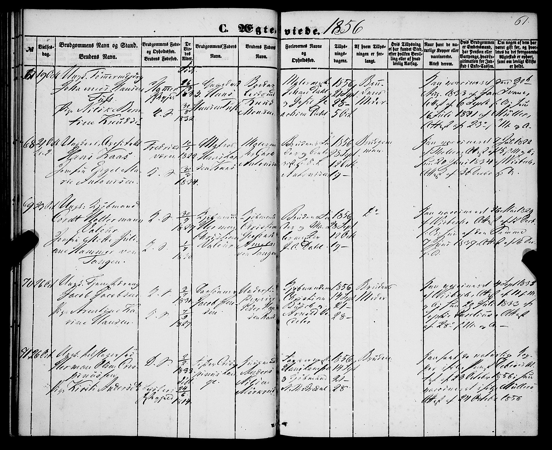 Korskirken sokneprestembete, SAB/A-76101/H/Haa/L0035: Parish register (official) no. D 2, 1852-1867, p. 61