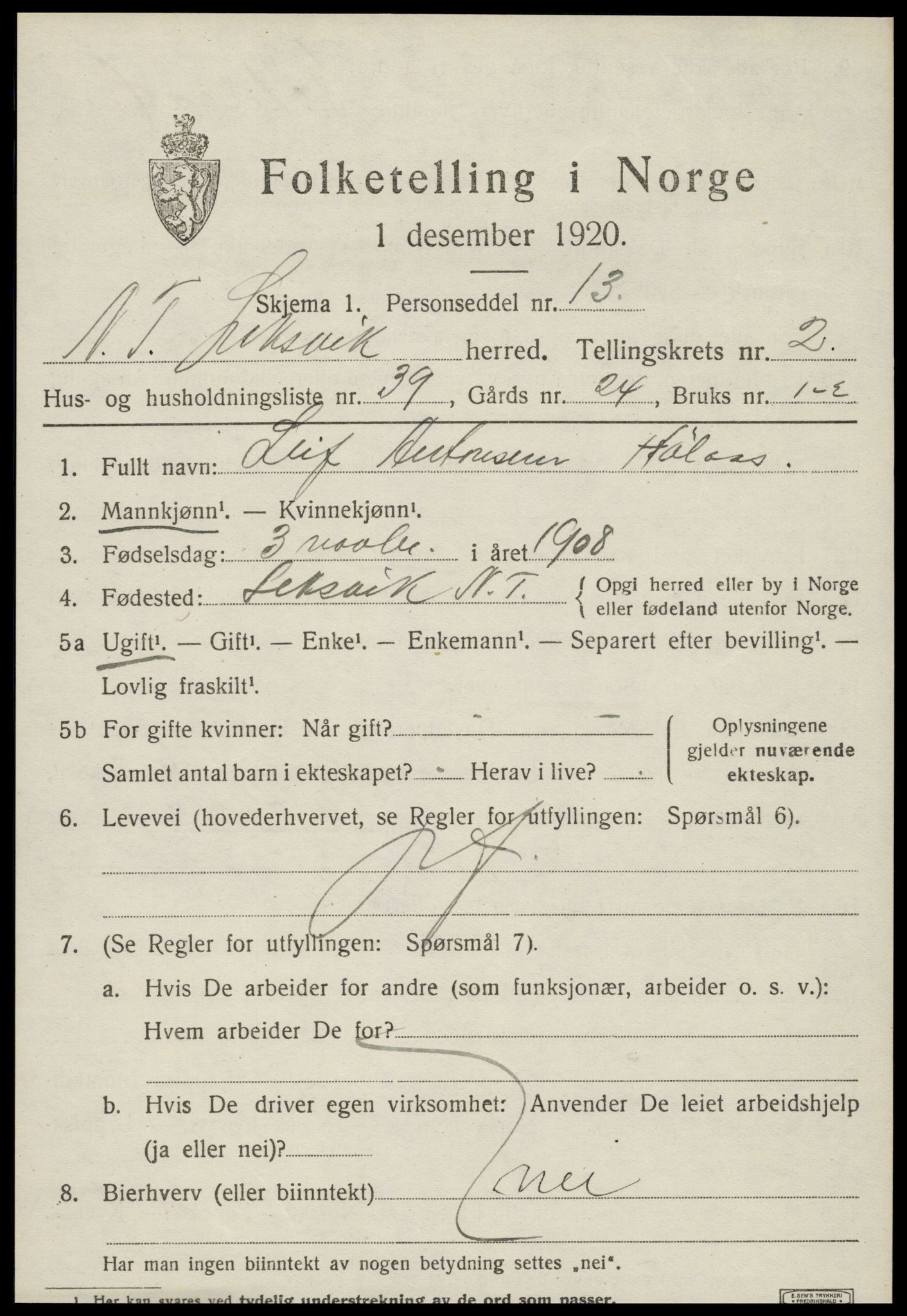SAT, 1920 census for Leksvik, 1920, p. 2232