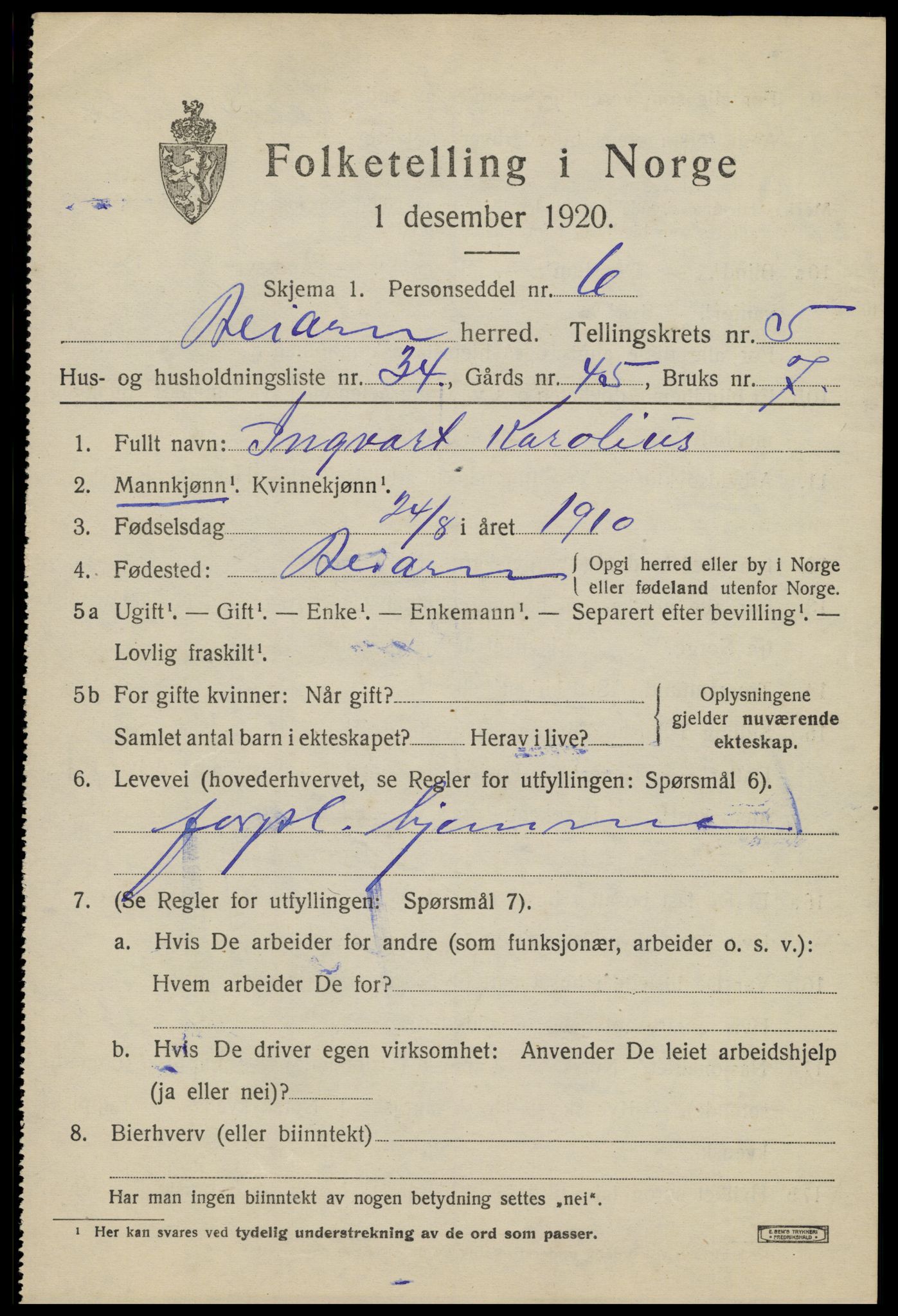 SAT, 1920 census for Beiarn, 1920, p. 2864