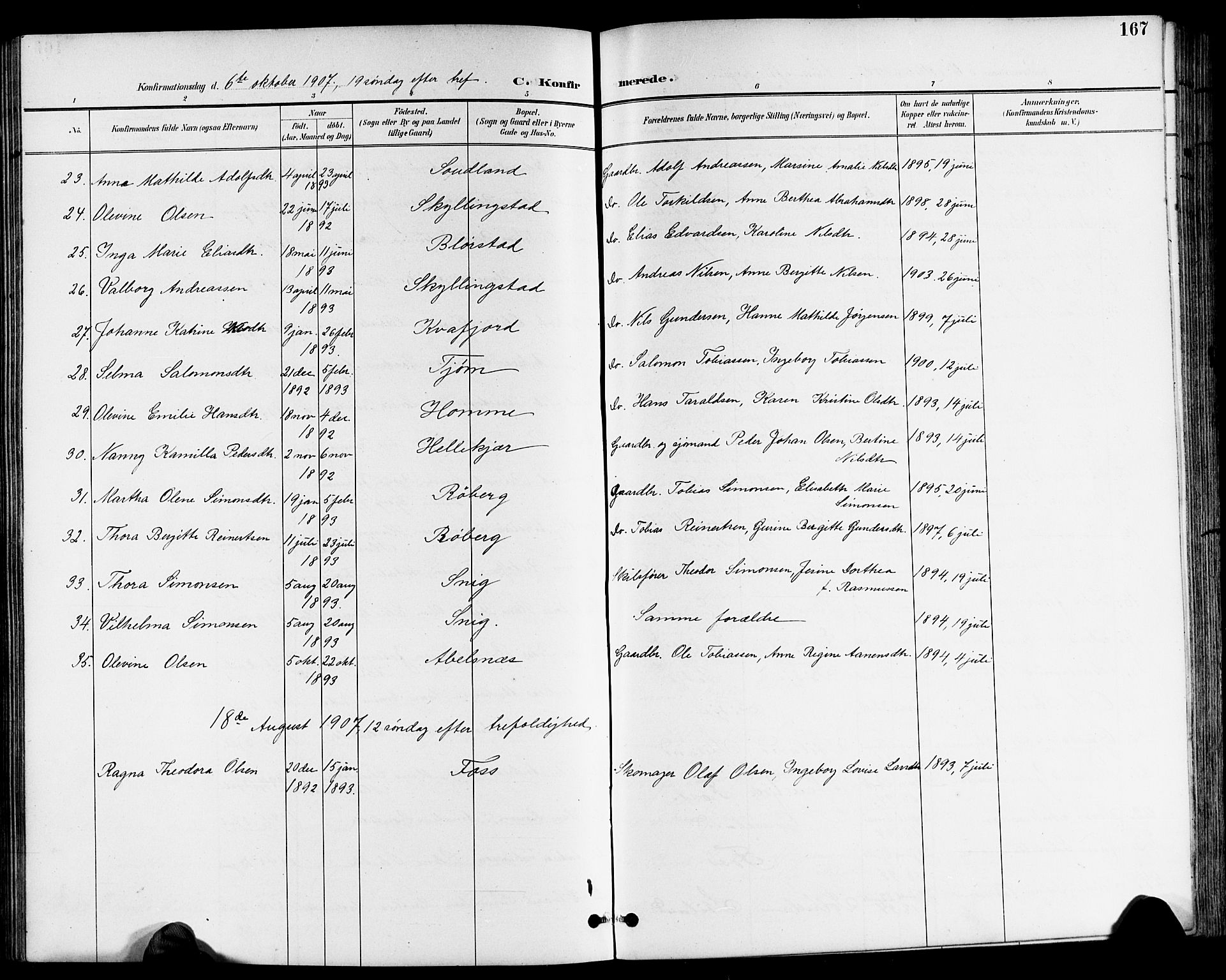 Sør-Audnedal sokneprestkontor, AV/SAK-1111-0039/F/Fb/Fbb/L0006: Parish register (copy) no. B 6, 1893-1915, p. 167