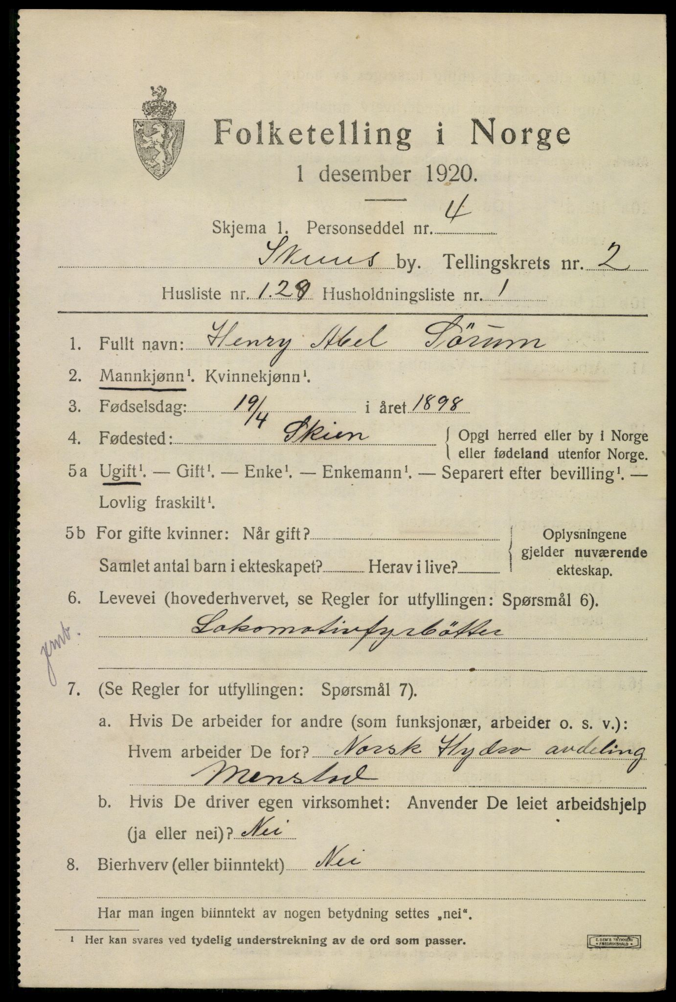 SAKO, 1920 census for Skien, 1920, p. 15164