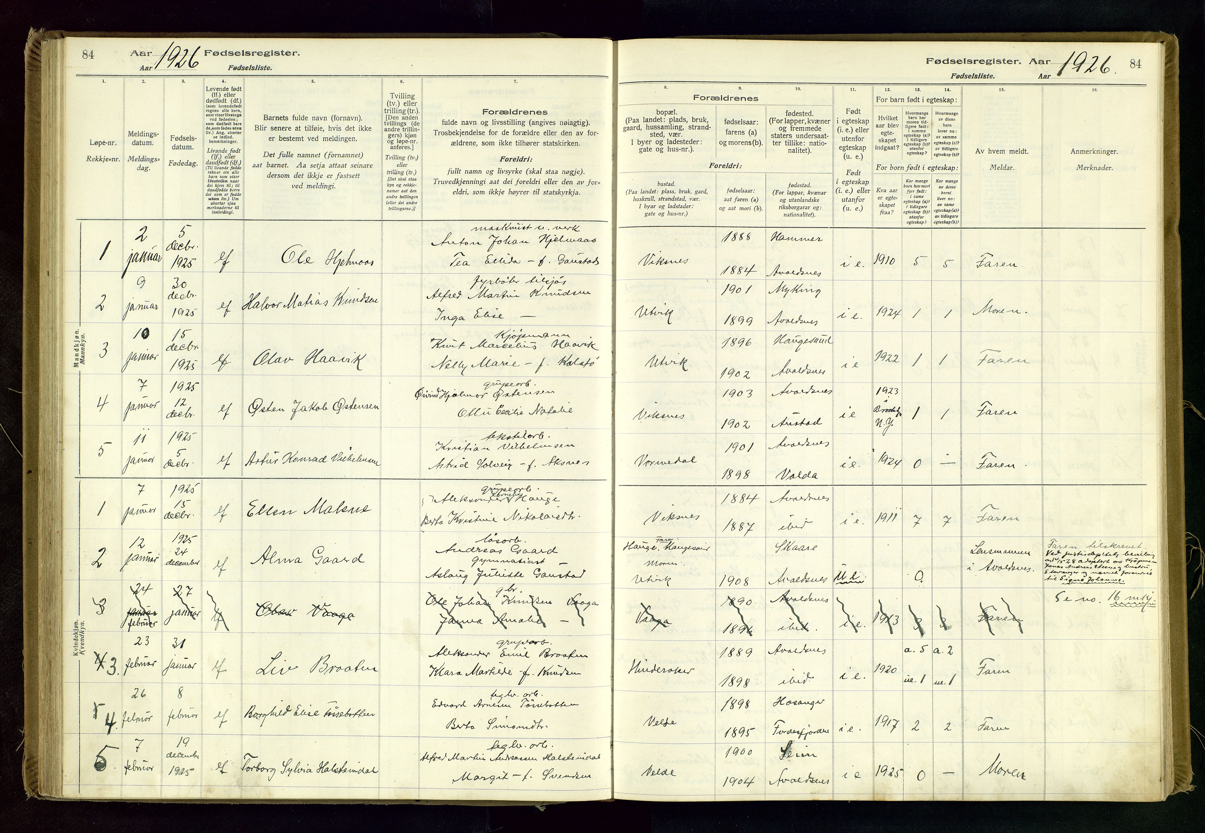 Avaldsnes sokneprestkontor, SAST/A -101851/I/Id/L0001: Birth register no. 1, 1916-1946, p. 84