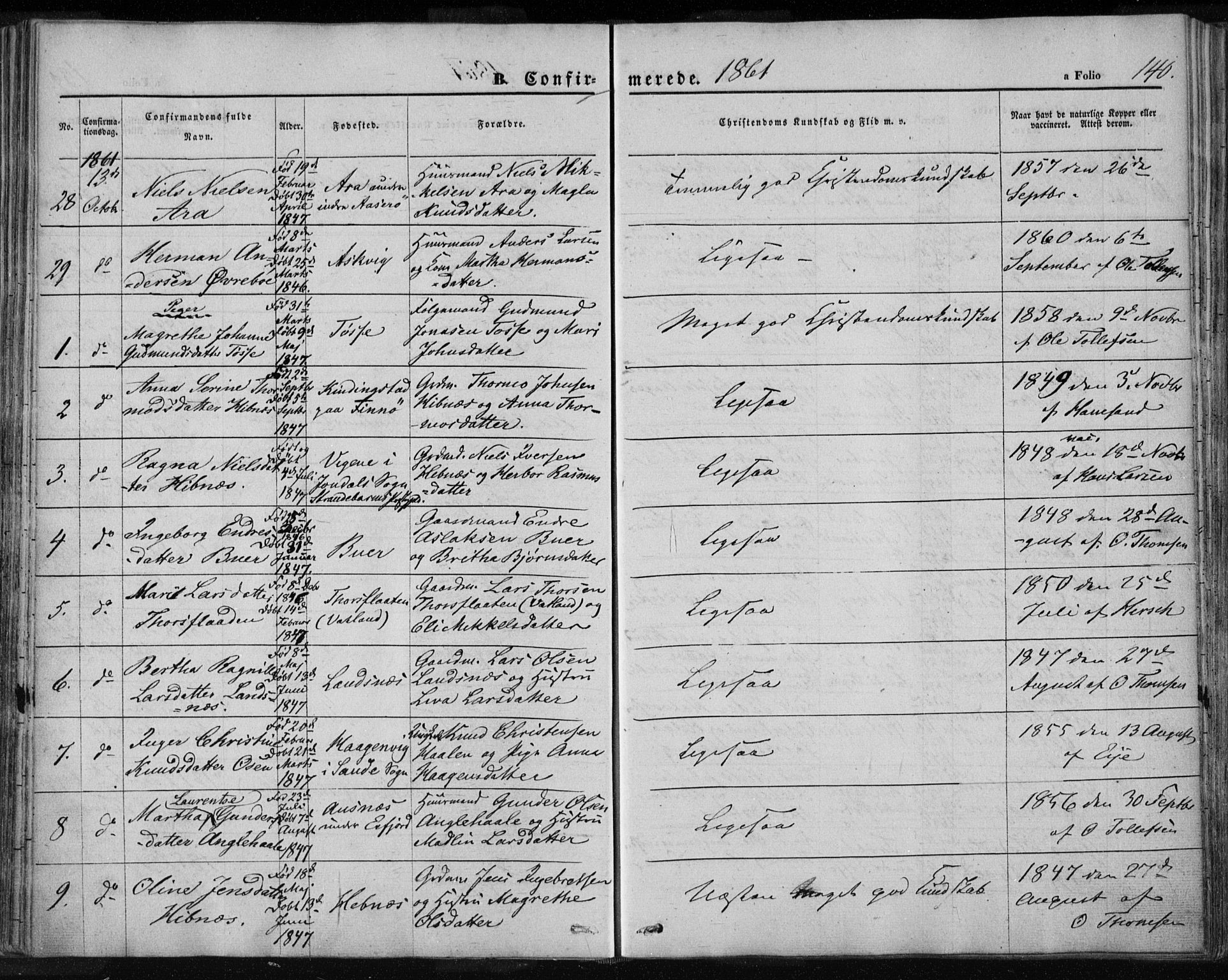 Jelsa sokneprestkontor, AV/SAST-A-101842/01/IV: Parish register (official) no. A 7, 1854-1866, p. 140