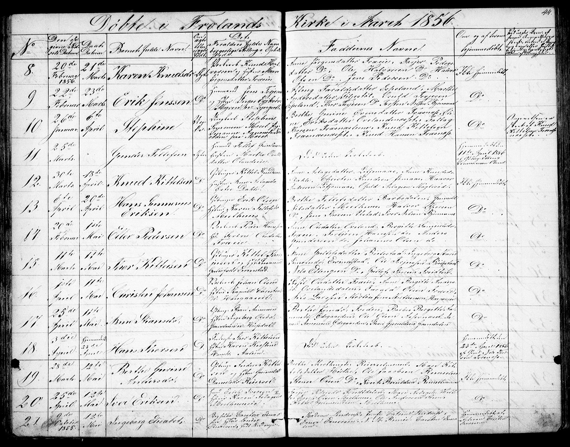 Froland sokneprestkontor, SAK/1111-0013/F/Fb/L0008: Parish register (copy) no. B 8, 1843-1875, p. 44