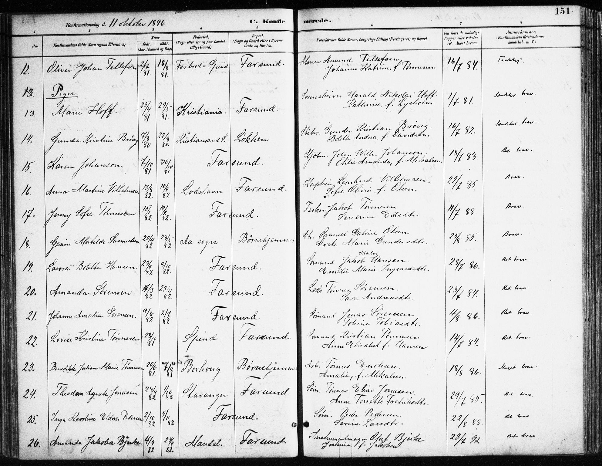 Farsund sokneprestkontor, SAK/1111-0009/F/Fa/L0006: Parish register (official) no. A 6, 1887-1920, p. 151