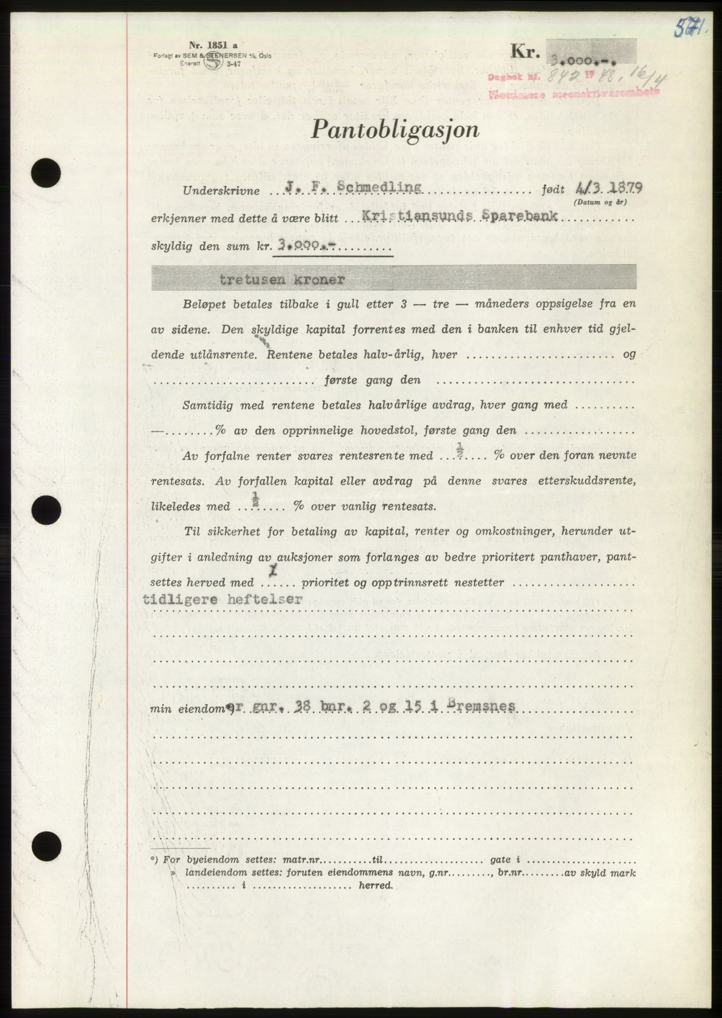 Nordmøre sorenskriveri, AV/SAT-A-4132/1/2/2Ca: Mortgage book no. B98, 1948-1948, Diary no: : 842/1948