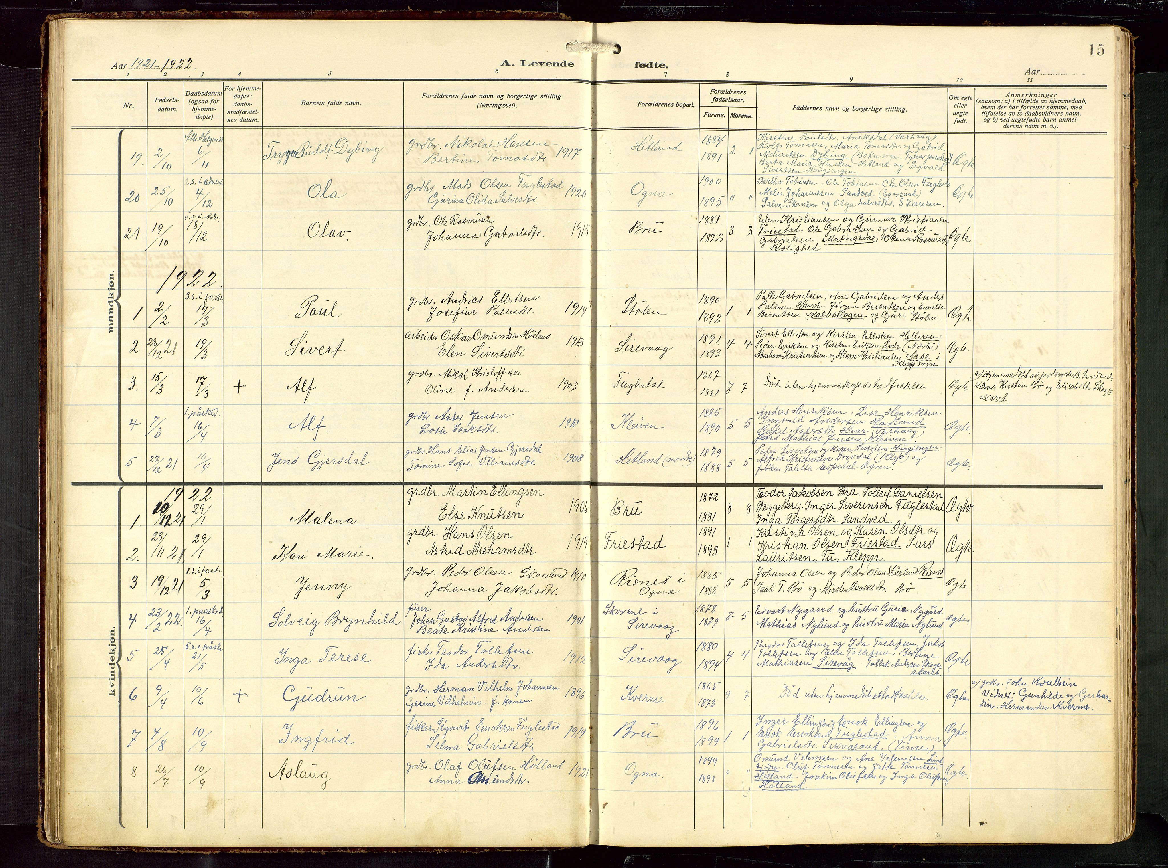 Eigersund sokneprestkontor, AV/SAST-A-101807/S09: Parish register (copy) no. B 22, 1915-1947, p. 15