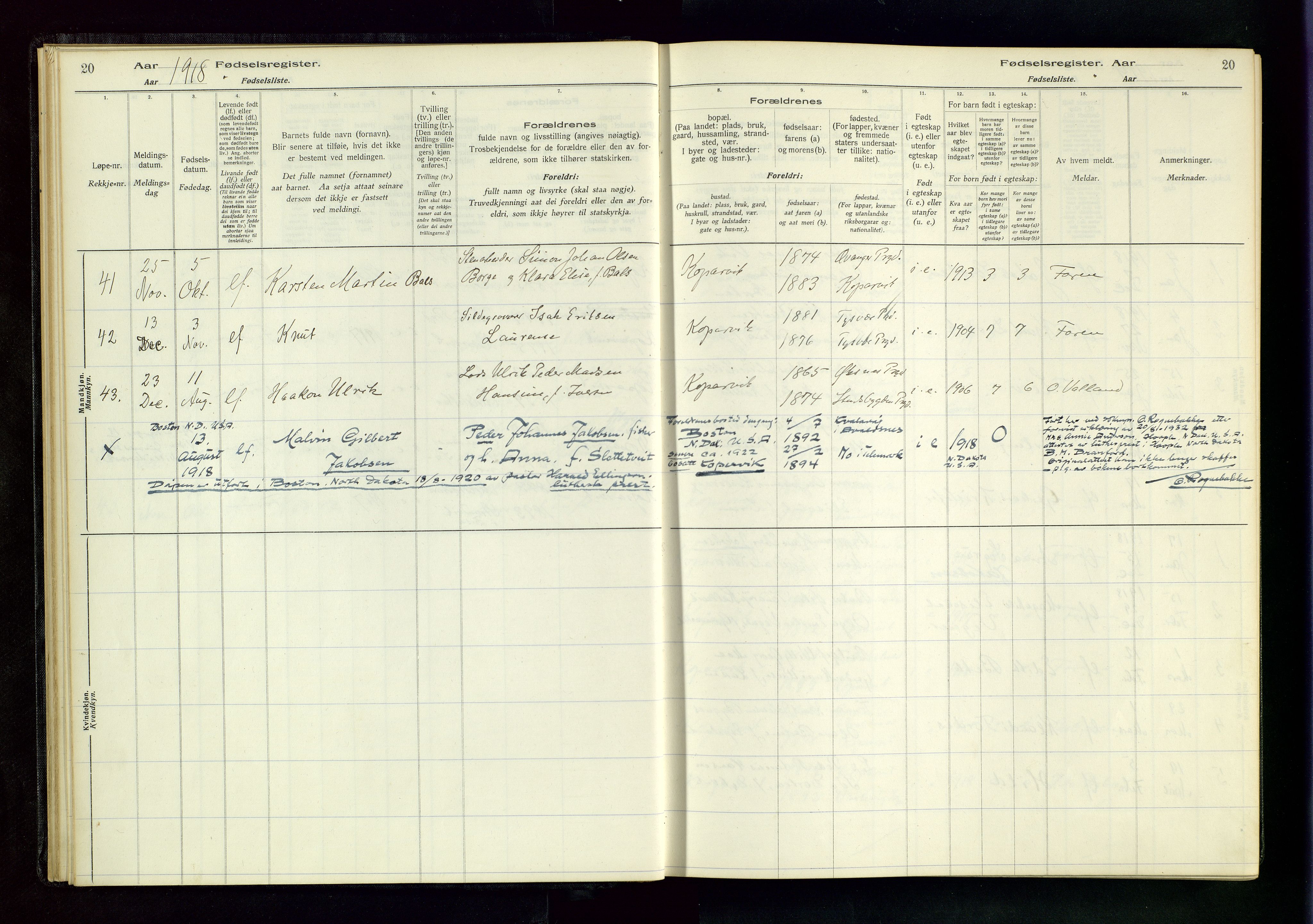 Kopervik sokneprestkontor, SAST/A-101850/I/Id/L0001: Birth register no. 1, 1916-1952, p. 20