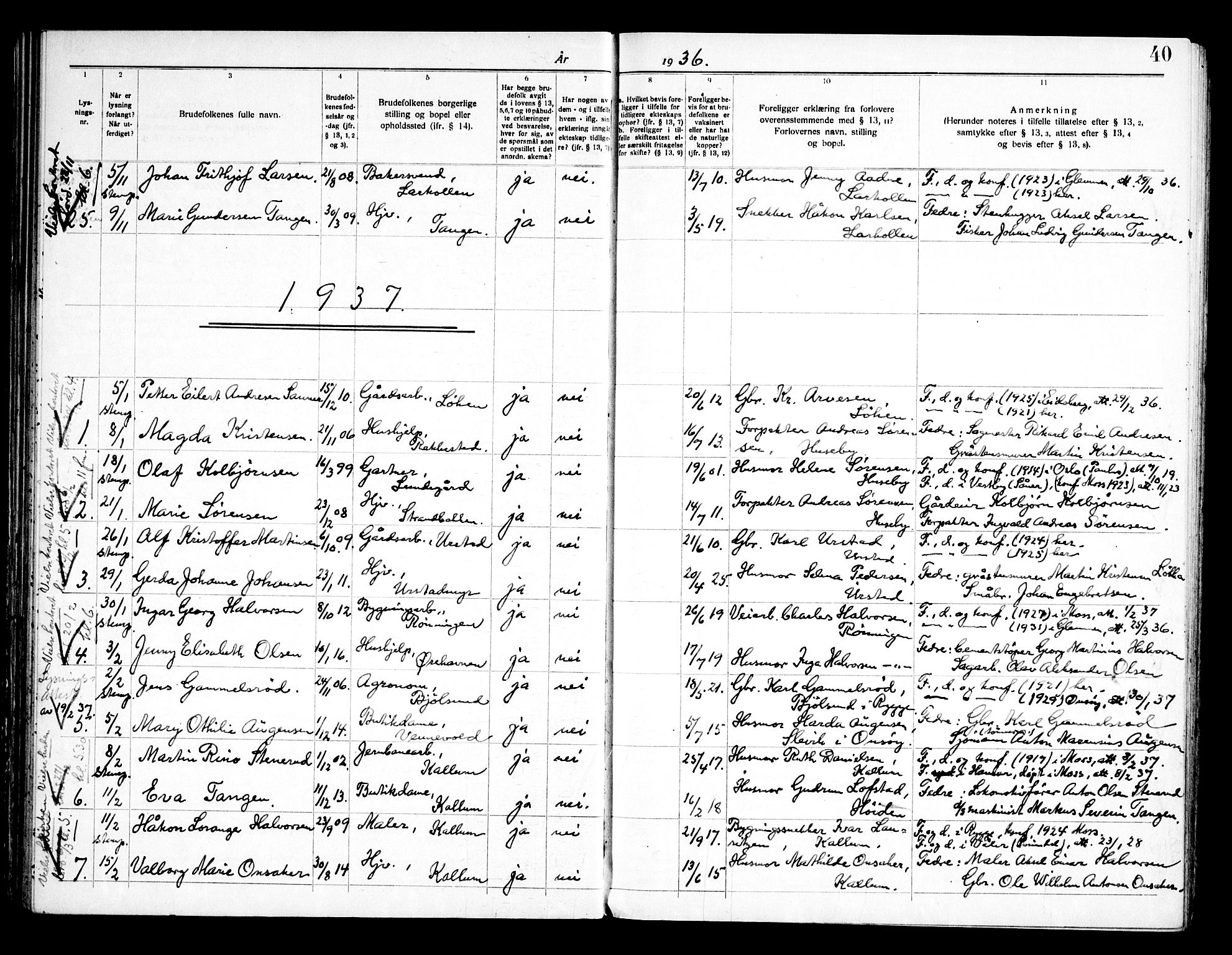 Rygge prestekontor Kirkebøker, SAO/A-10084b/H/Ha/L0002: Banns register no. 2, 1919-1961, p. 40