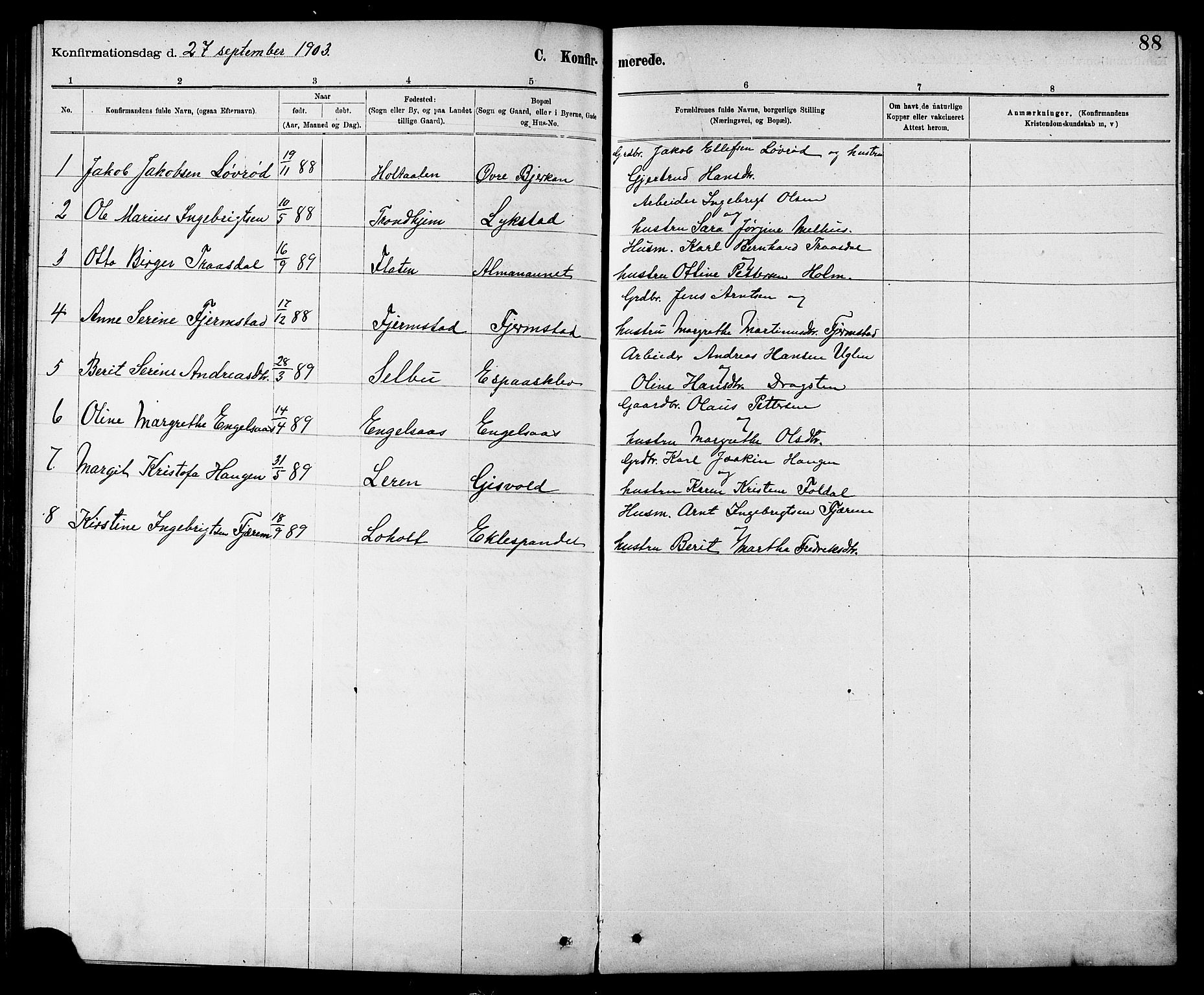 Ministerialprotokoller, klokkerbøker og fødselsregistre - Sør-Trøndelag, SAT/A-1456/608/L0341: Parish register (copy) no. 608C07, 1890-1912, p. 88