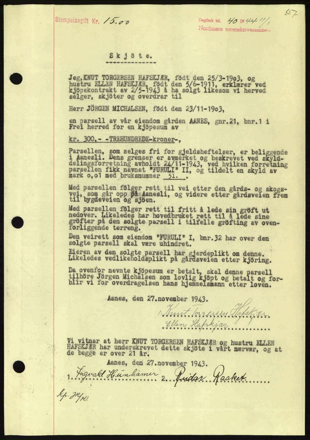 Nordmøre sorenskriveri, SAT/A-4132/1/2/2Ca: Mortgage book no. A96, 1943-1944, Diary no: : 40/1944