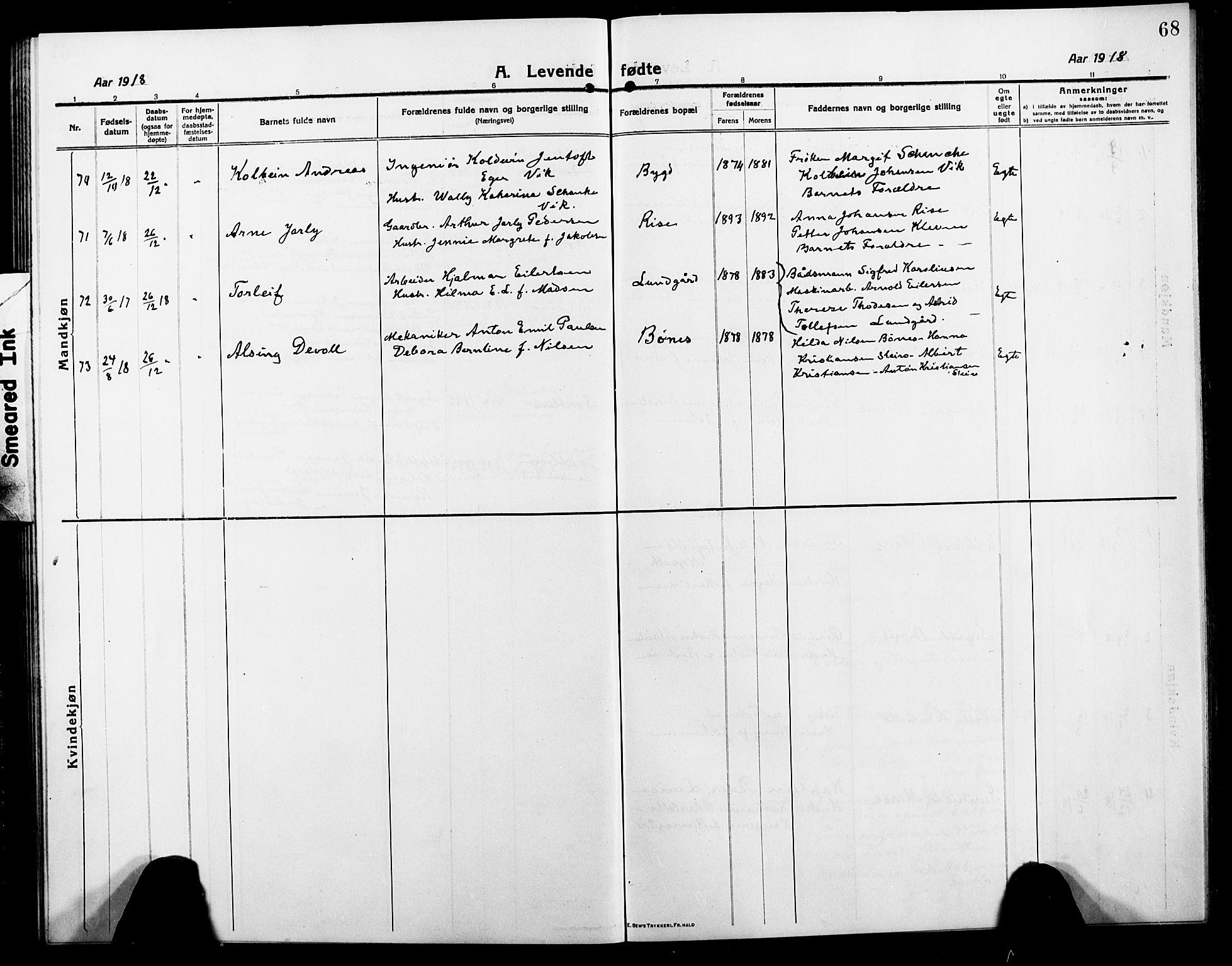 Ministerialprotokoller, klokkerbøker og fødselsregistre - Nordland, SAT/A-1459/895/L1383: Parish register (copy) no. 895C05, 1913-1922, p. 68
