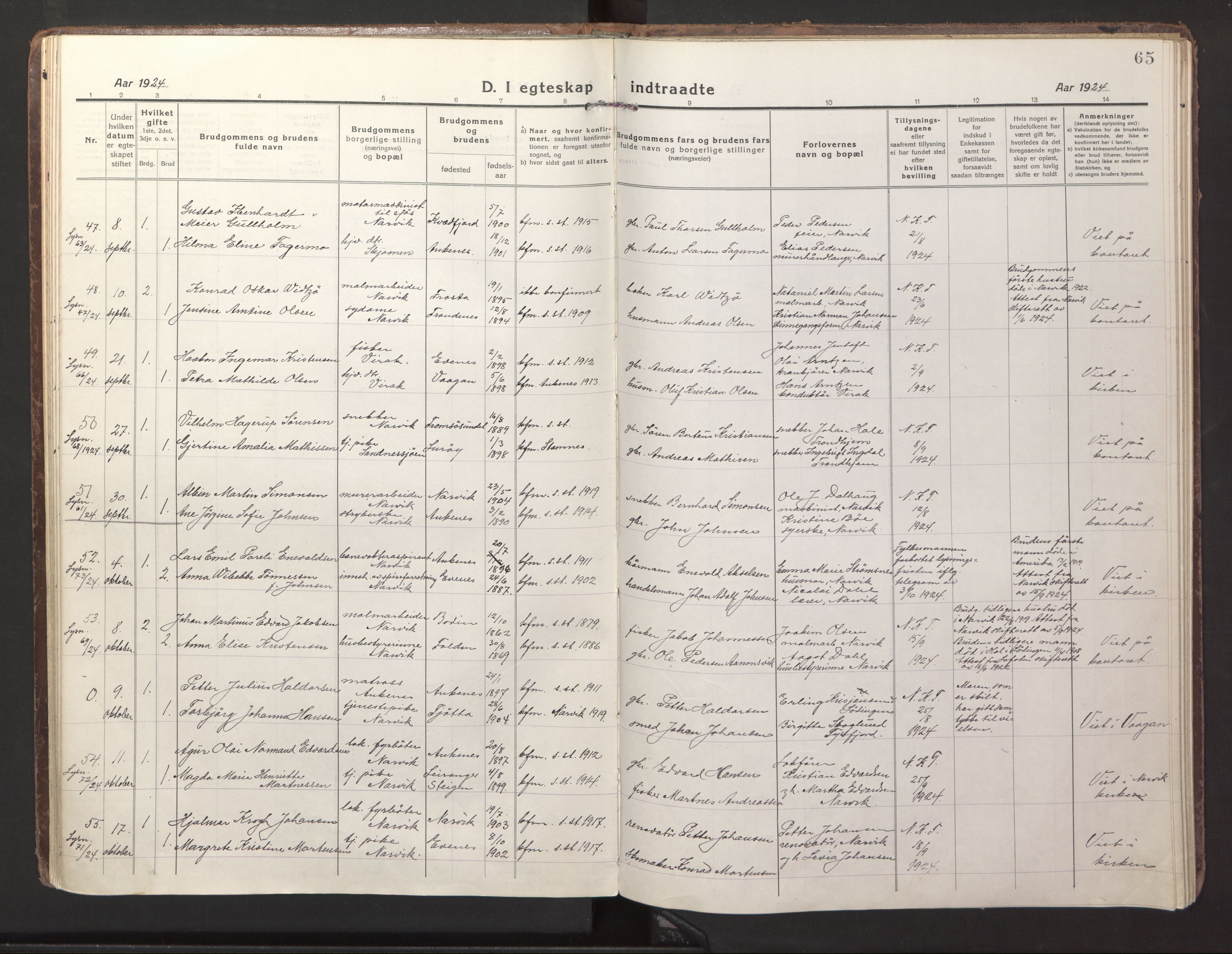 Ministerialprotokoller, klokkerbøker og fødselsregistre - Nordland, AV/SAT-A-1459/871/L1002: Parish register (official) no. 871A18, 1917-1926, p. 65