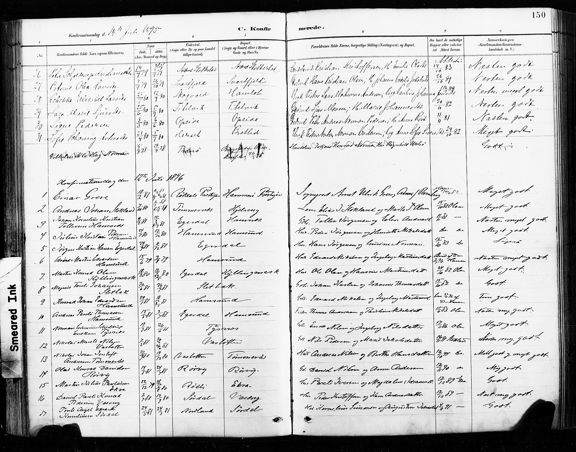 Ministerialprotokoller, klokkerbøker og fødselsregistre - Nordland, AV/SAT-A-1459/859/L0847: Parish register (official) no. 859A07, 1890-1899, p. 150