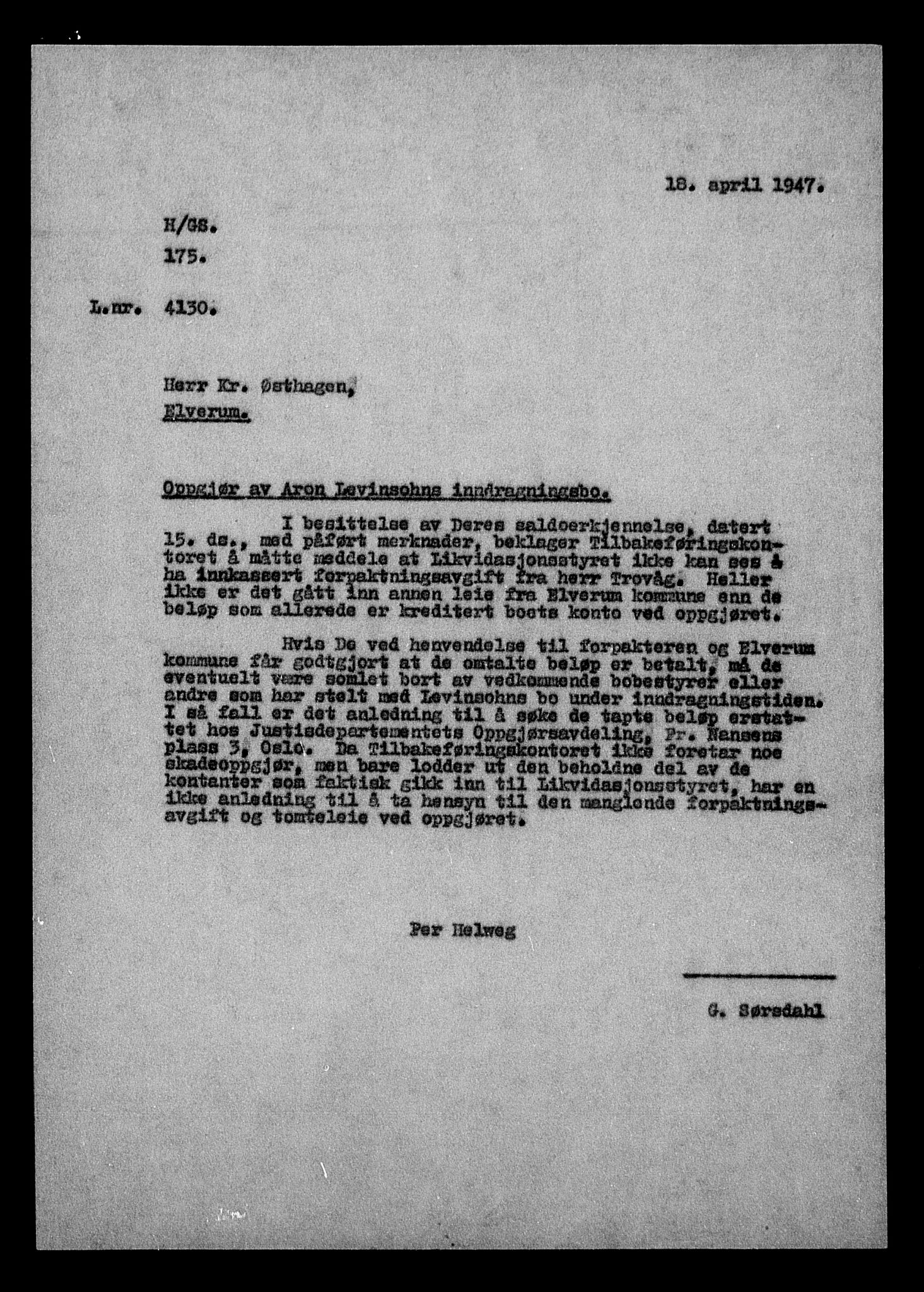 Justisdepartementet, Tilbakeføringskontoret for inndratte formuer, AV/RA-S-1564/H/Hc/Hcd/L1003: --, 1945-1947, p. 7