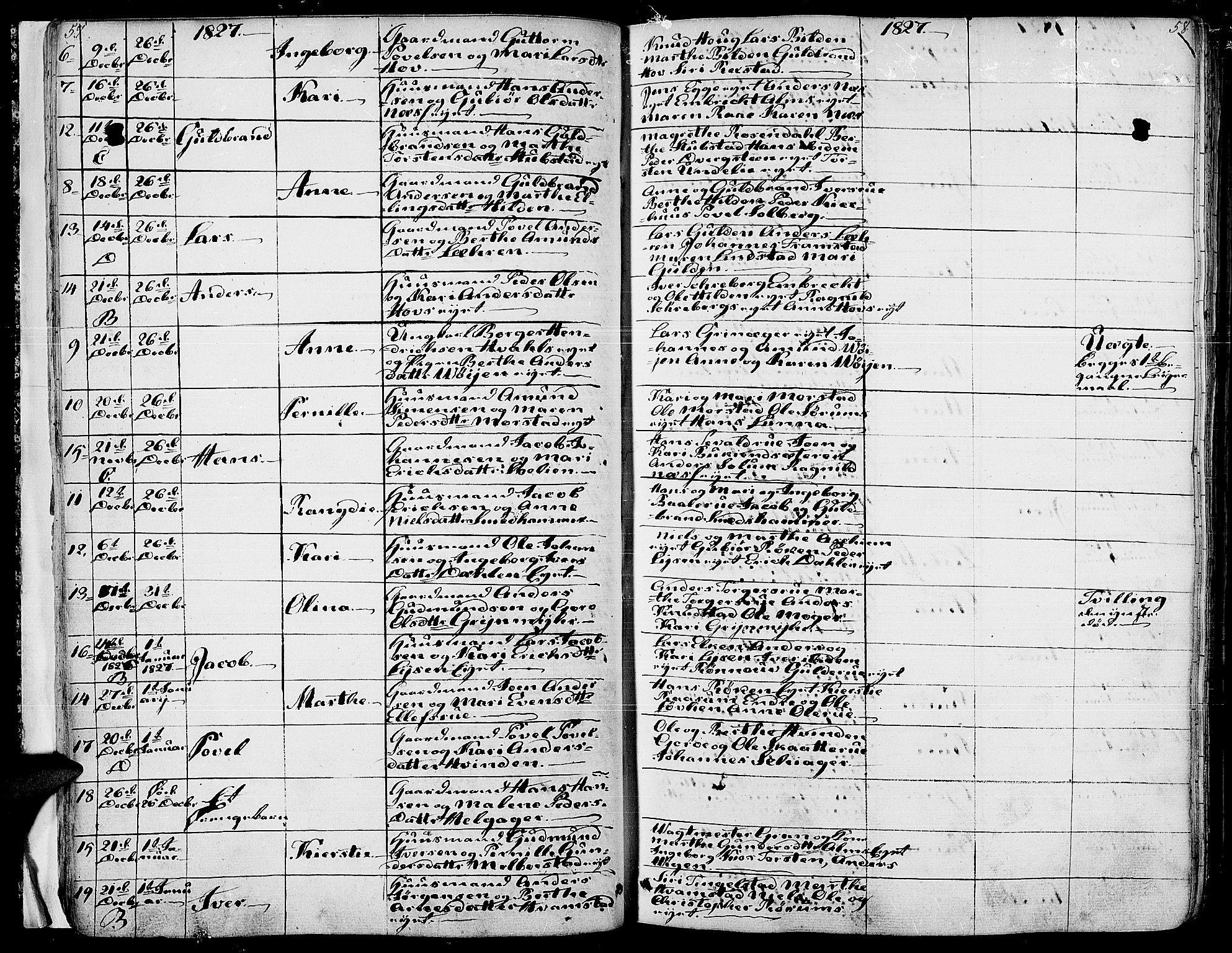 Gran prestekontor, SAH/PREST-112/H/Ha/Haa/L0010: Parish register (official) no. 10, 1824-1842, p. 57-58