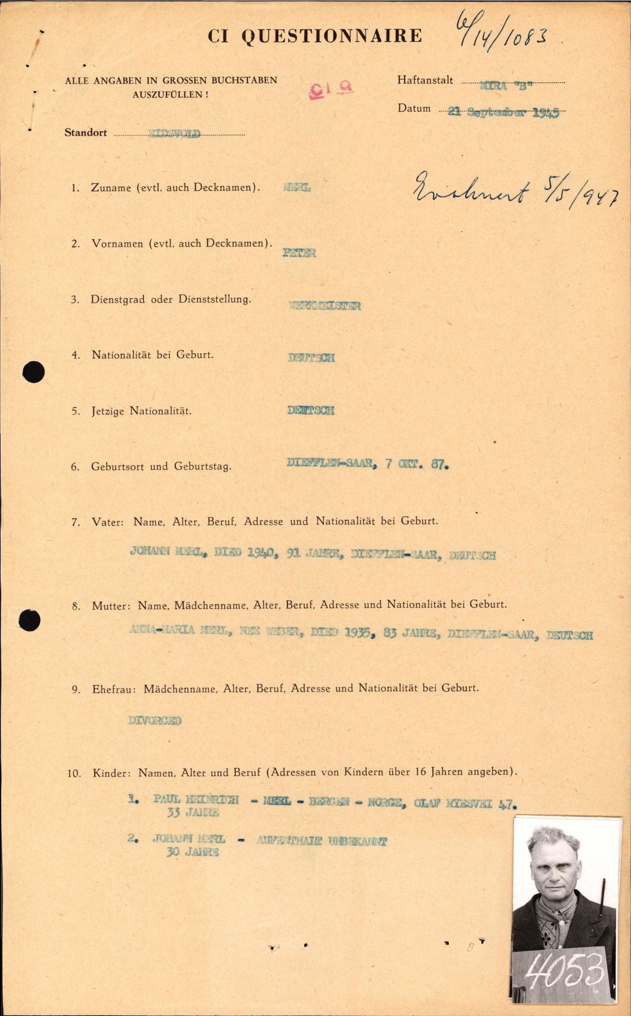 Forsvaret, Forsvarets overkommando II, AV/RA-RAFA-3915/D/Db/L0021: CI Questionaires. Tyske okkupasjonsstyrker i Norge. Tyskere., 1945-1946, p. 396
