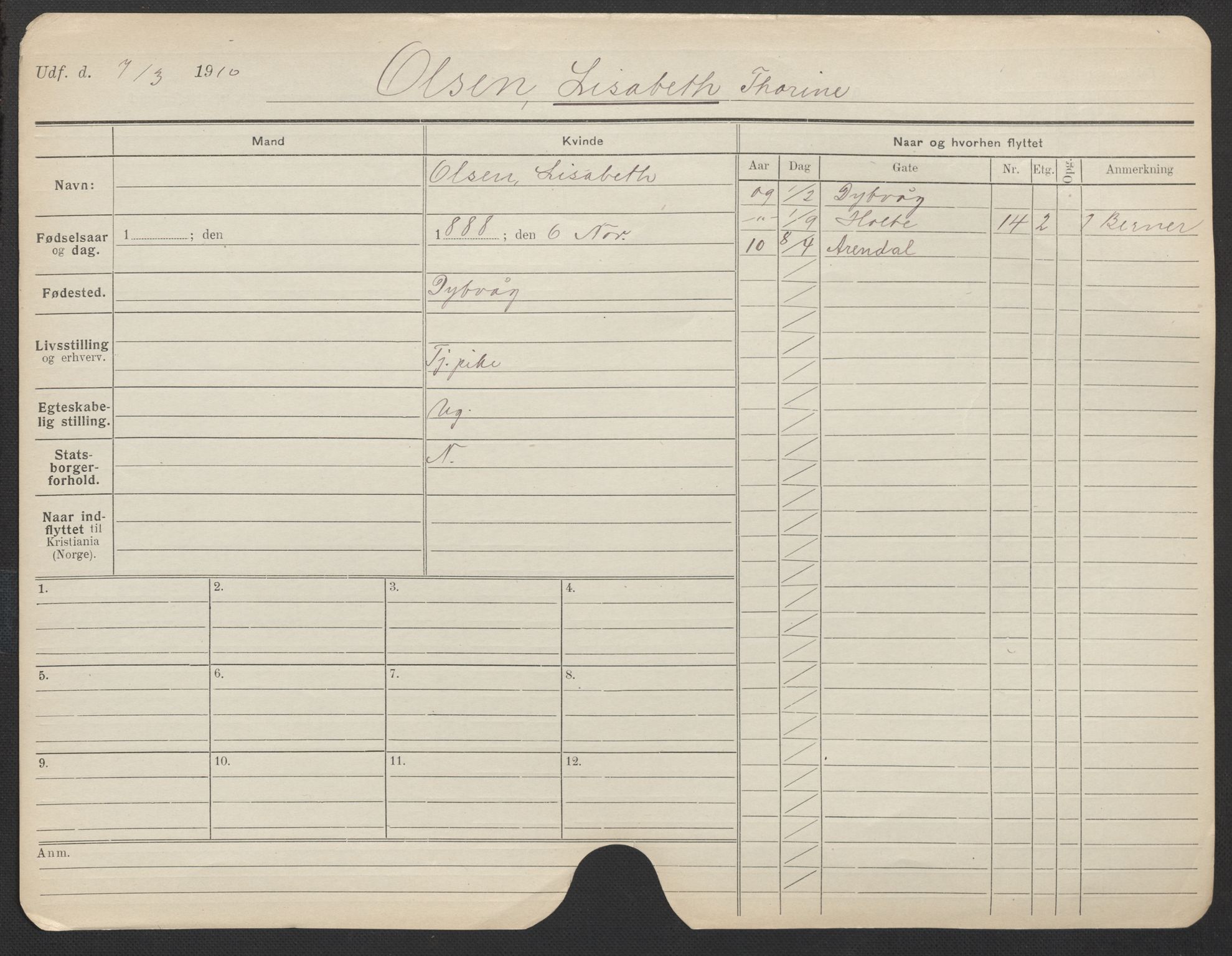 Oslo folkeregister, Registerkort, AV/SAO-A-11715/F/Fa/Fac/L0022: Kvinner, 1906-1914, p. 84a