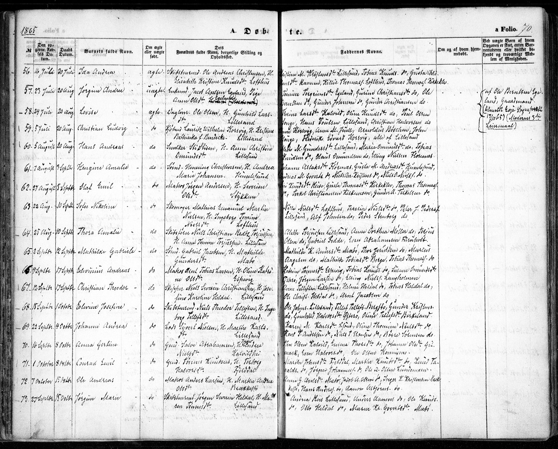 Vestre Moland sokneprestkontor, SAK/1111-0046/F/Fa/Fab/L0007: Parish register (official) no. A 7, 1859-1872, p. 70