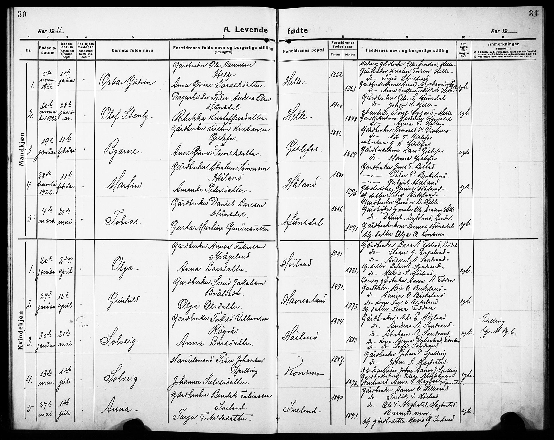 Nord-Audnedal sokneprestkontor, SAK/1111-0032/F/Fb/Fba/L0005: Parish register (copy) no. B 5, 1918-1932, p. 30-31