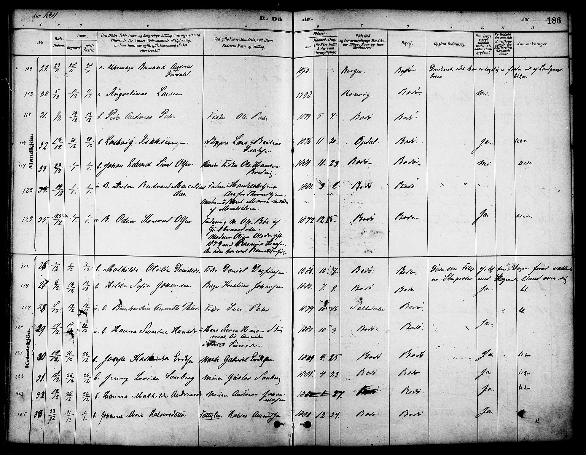 Ministerialprotokoller, klokkerbøker og fødselsregistre - Nordland, AV/SAT-A-1459/801/L0030: Parish register (copy) no. 801C05, 1879-1887, p. 186