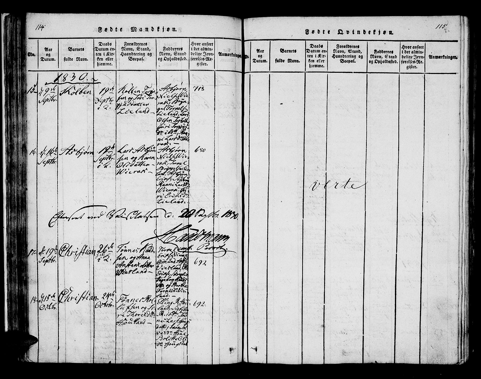Bakke sokneprestkontor, SAK/1111-0002/F/Fa/Faa/L0003: Parish register (official) no. A 3, 1815-1835, p. 114-115