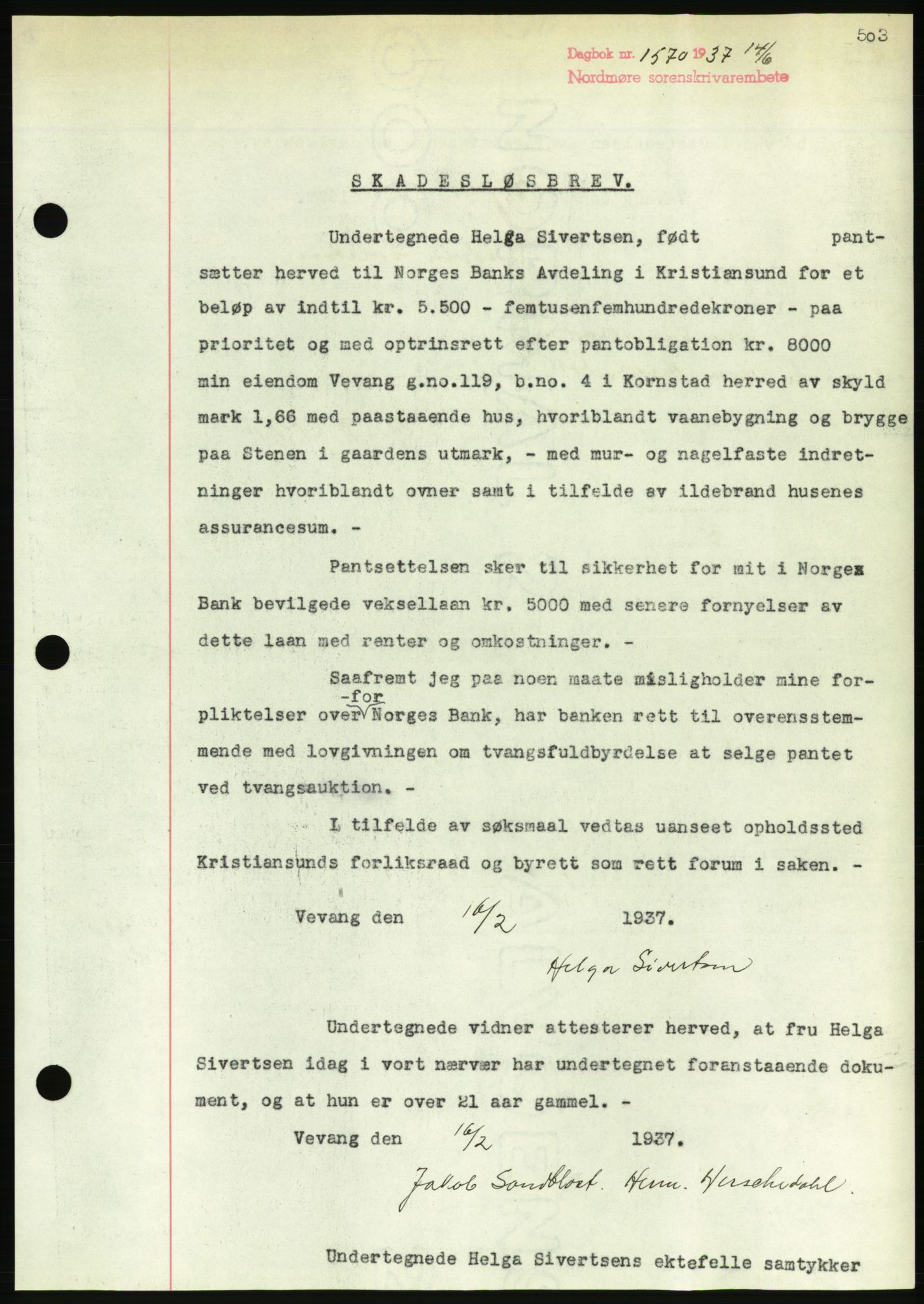 Nordmøre sorenskriveri, AV/SAT-A-4132/1/2/2Ca/L0091: Mortgage book no. B81, 1937-1937, Diary no: : 1570/1937