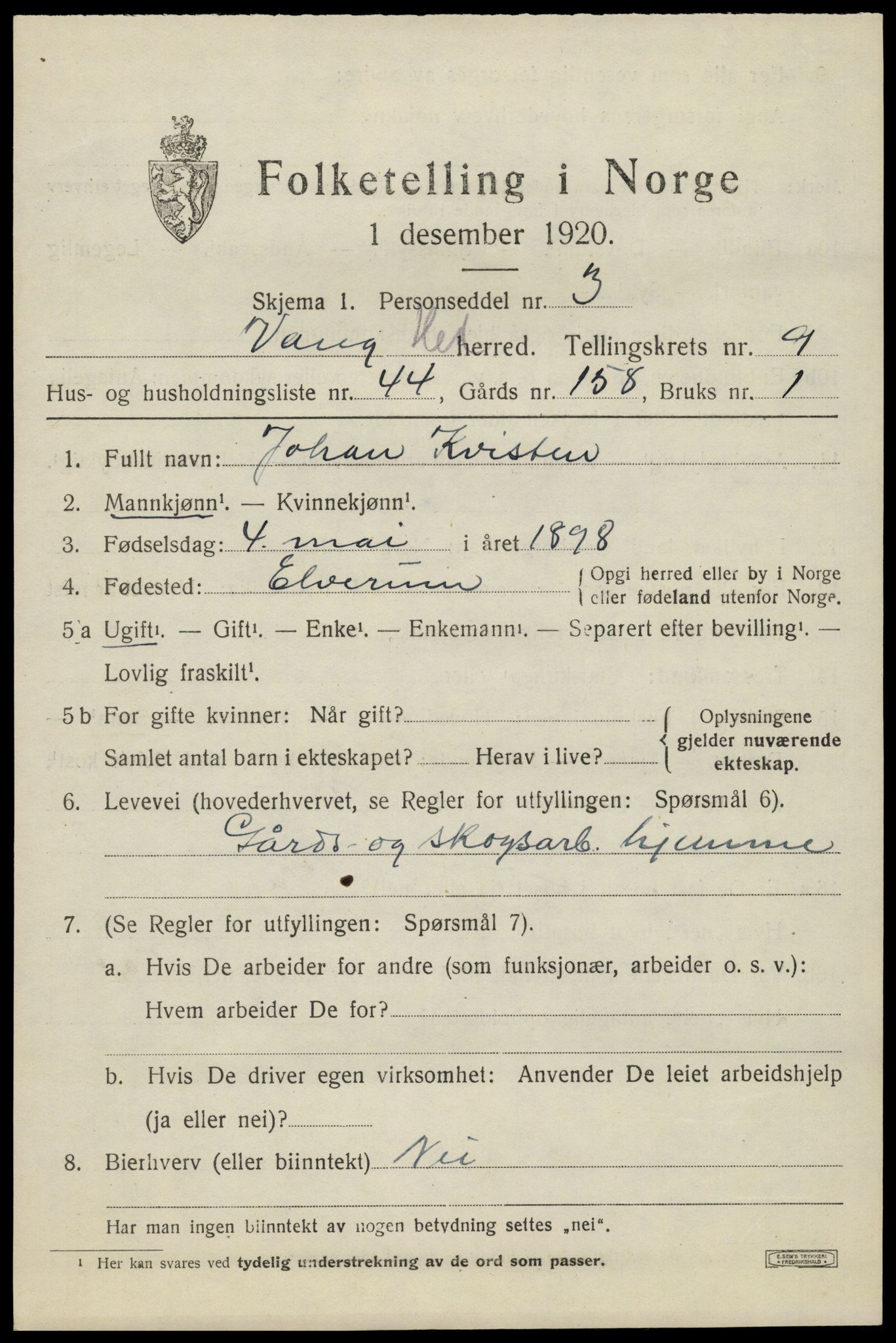 SAH, 1920 census for Vang (Hedmark), 1920, p. 18623