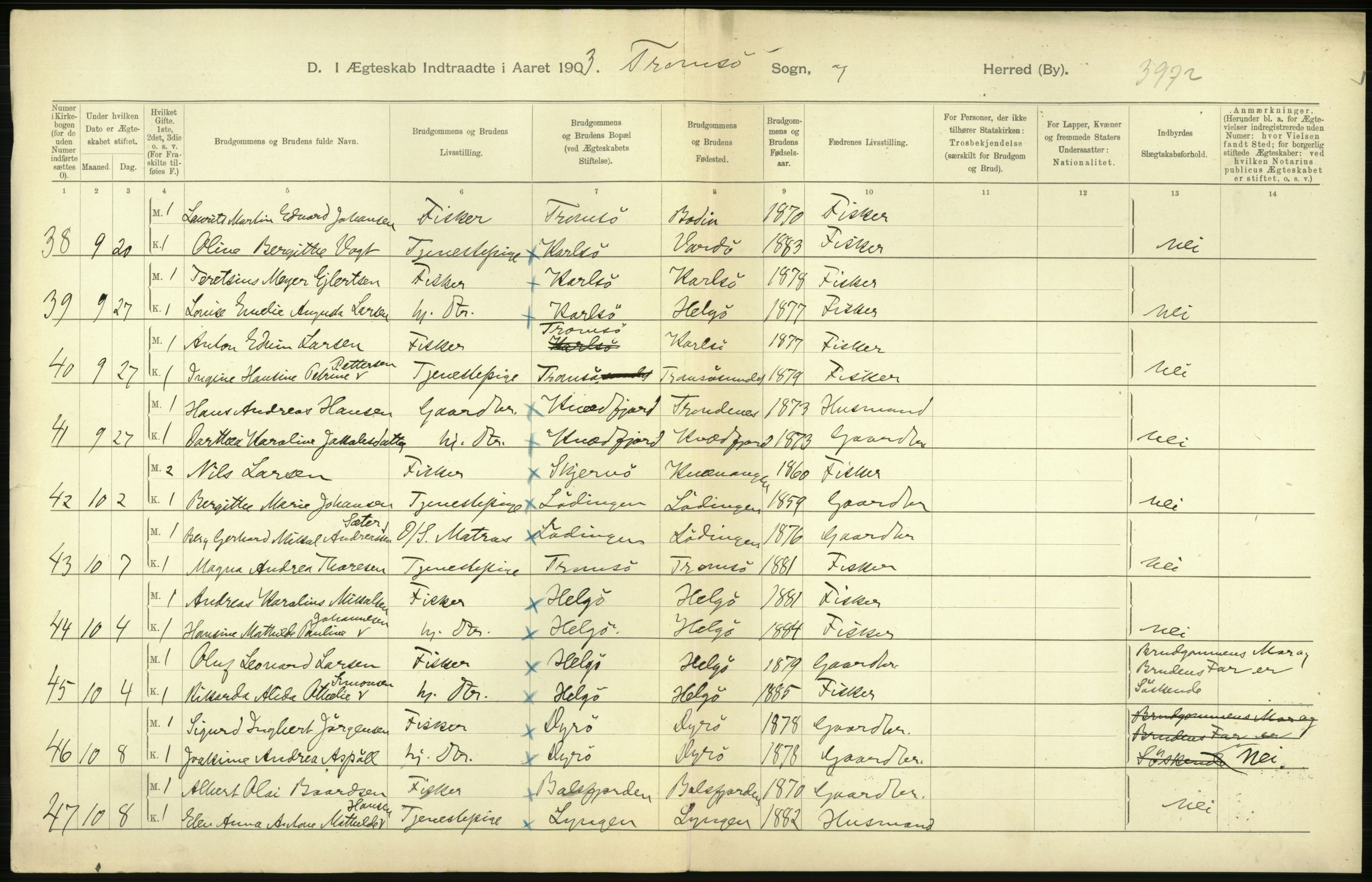 Statistisk sentralbyrå, Sosiodemografiske emner, Befolkning, AV/RA-S-2228/D/Df/Dfa/Dfaa/L0021: Tromsø amt: Fødte, gifte, døde., 1903, p. 376