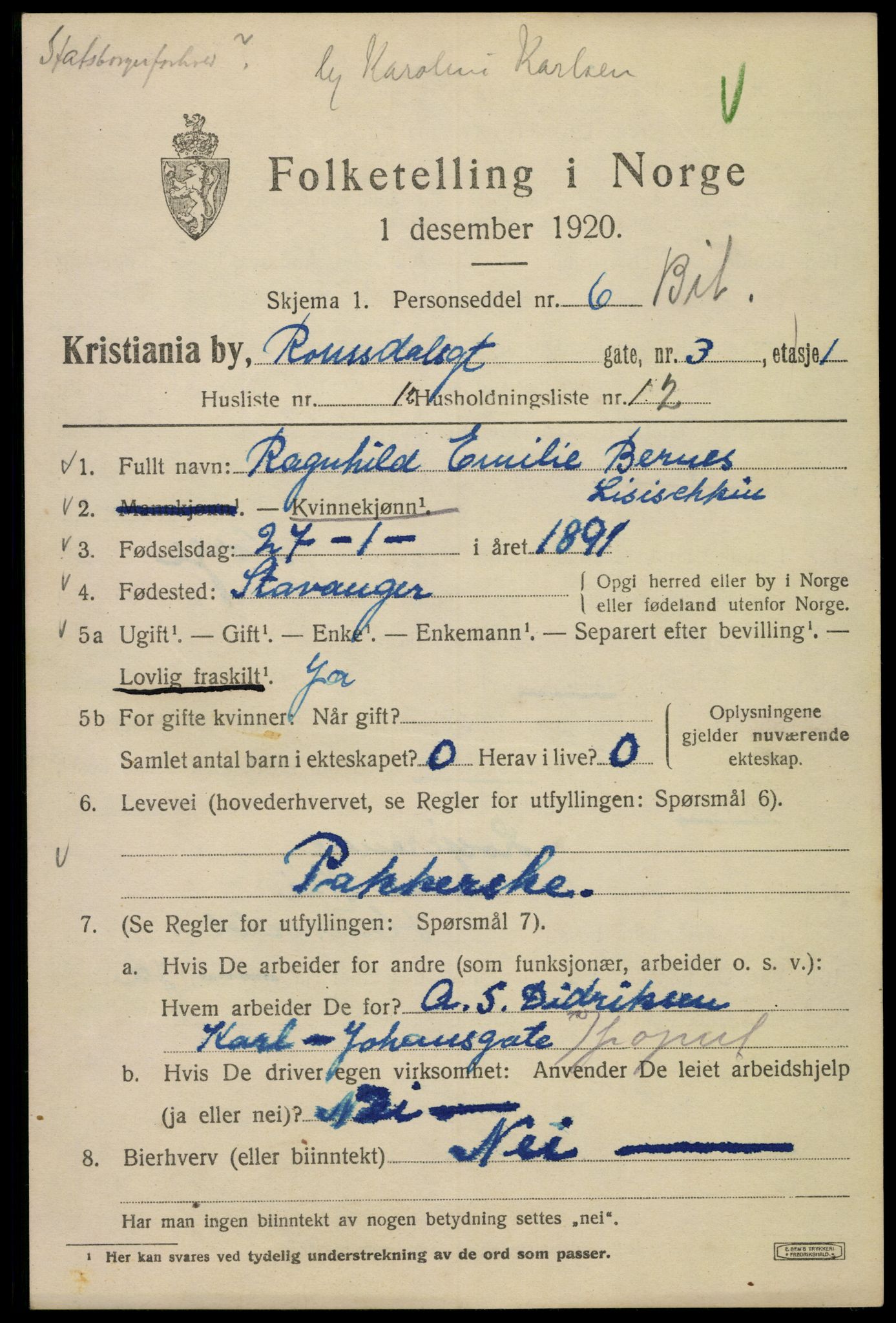 SAO, 1920 census for Kristiania, 1920, p. 463145