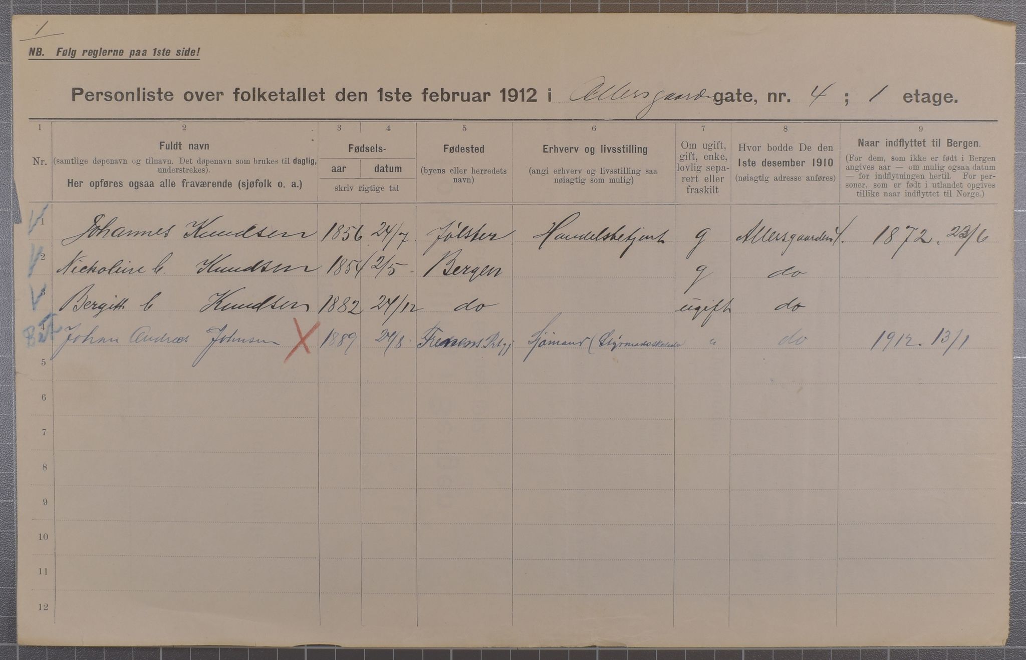 SAB, Municipal Census 1912 for Bergen, 1912, p. 1457