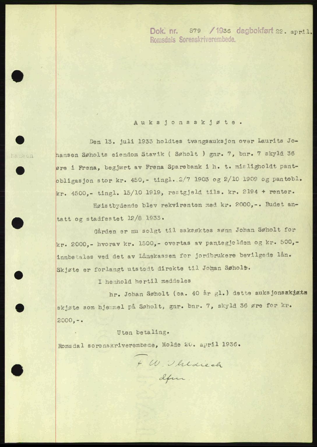 Romsdal sorenskriveri, AV/SAT-A-4149/1/2/2C: Mortgage book no. A1, 1936-1936, Diary no: : 879/1936