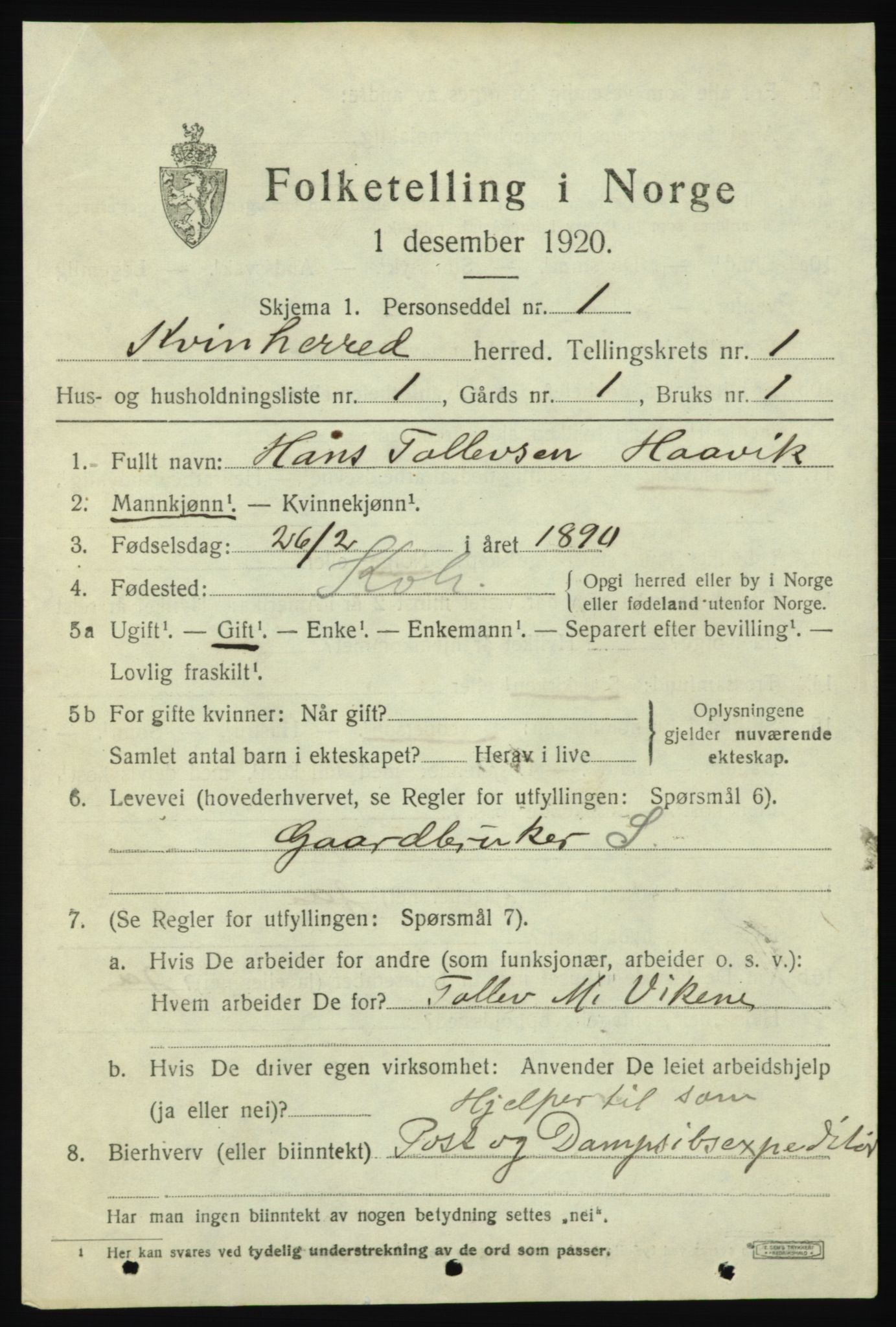 SAB, 1920 census for Kvinnherad, 1920, p. 3728