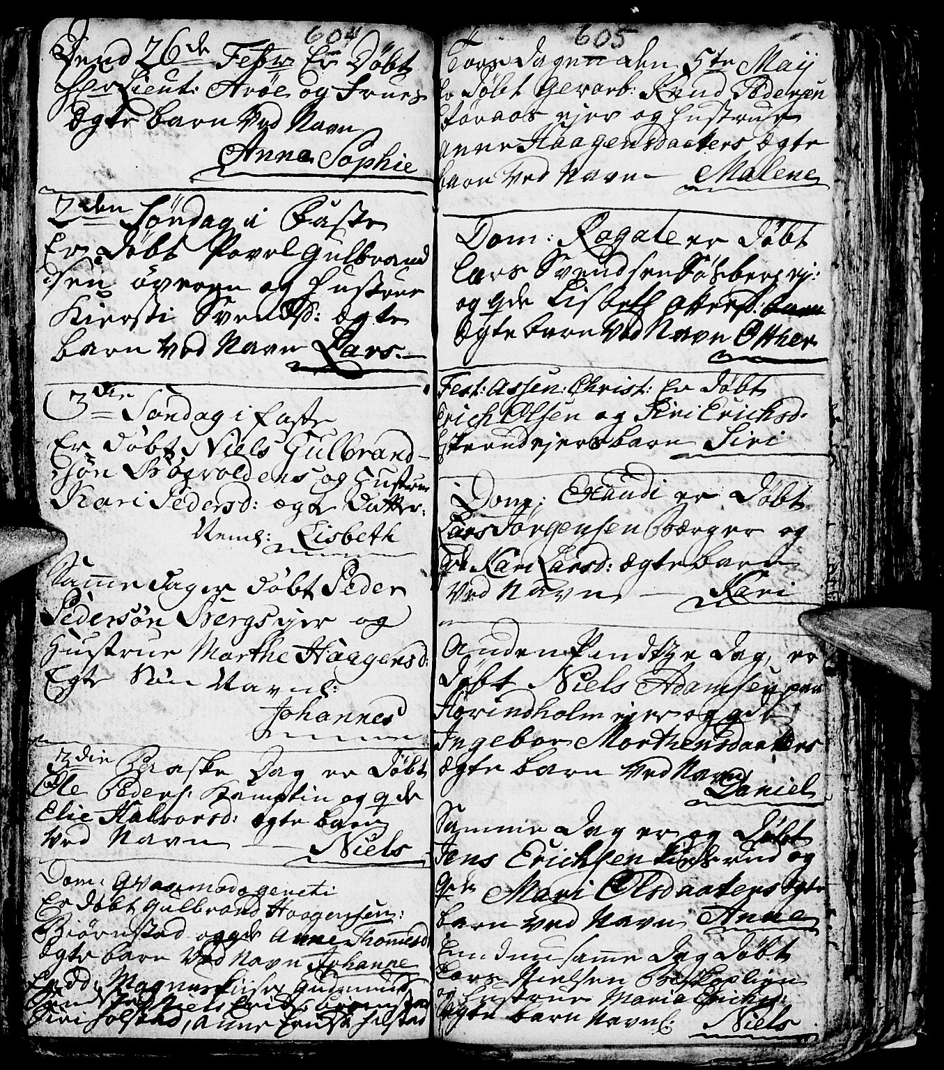 Nes prestekontor, Hedmark, AV/SAH-PREST-020/L/La/L0001: Parish register (copy) no. 1, 1663-1784, p. 604-605