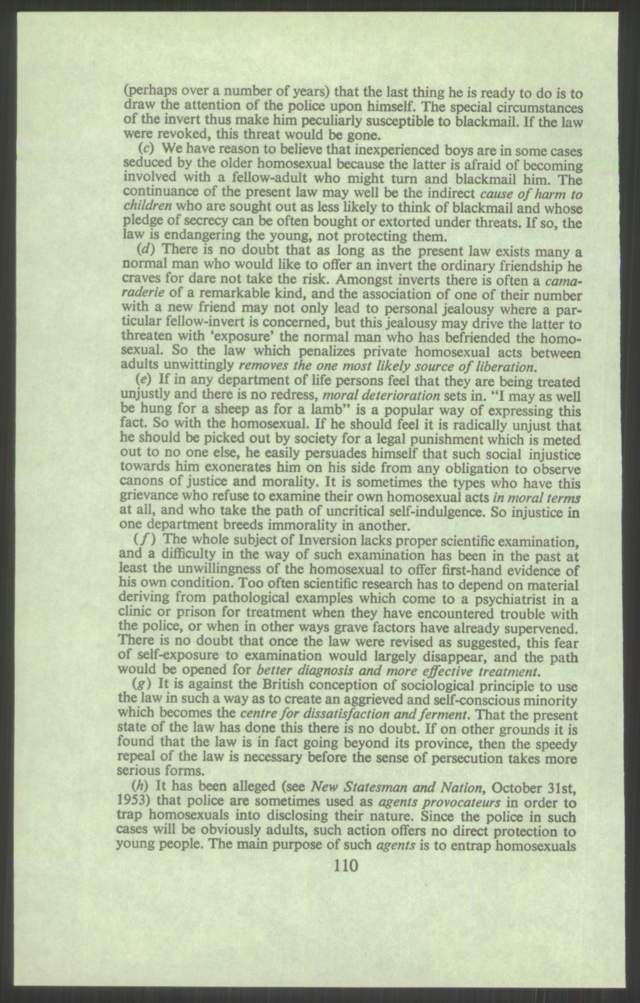 Justisdepartementet, Lovavdelingen, AV/RA-S-3212/D/De/L0029/0001: Straffeloven / Straffelovens revisjon: 5 - Ot. prp. nr.  41 - 1945: Homoseksualiet. 3 mapper, 1956-1970, p. 240