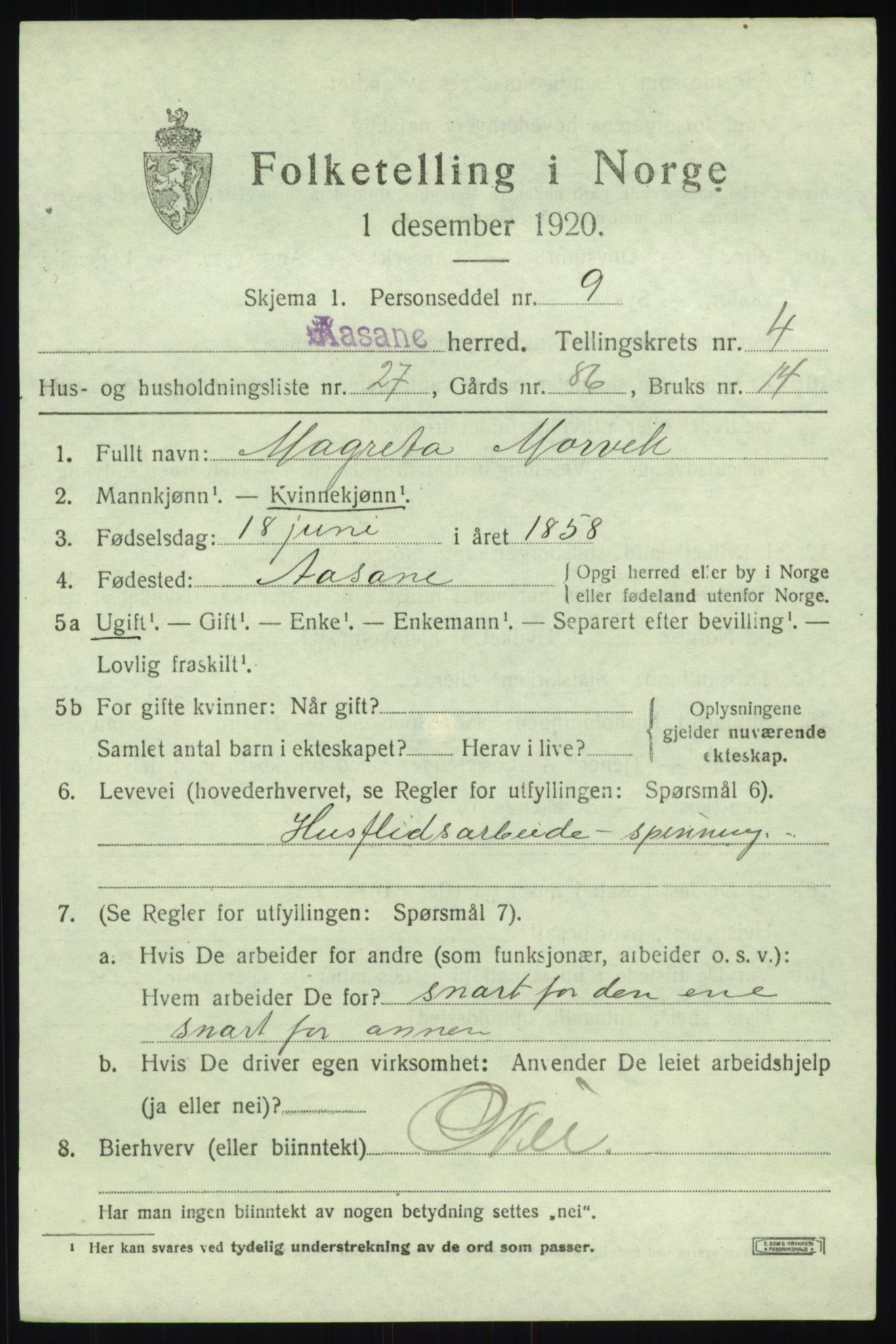 SAB, 1920 census for Åsane, 1920, p. 2831