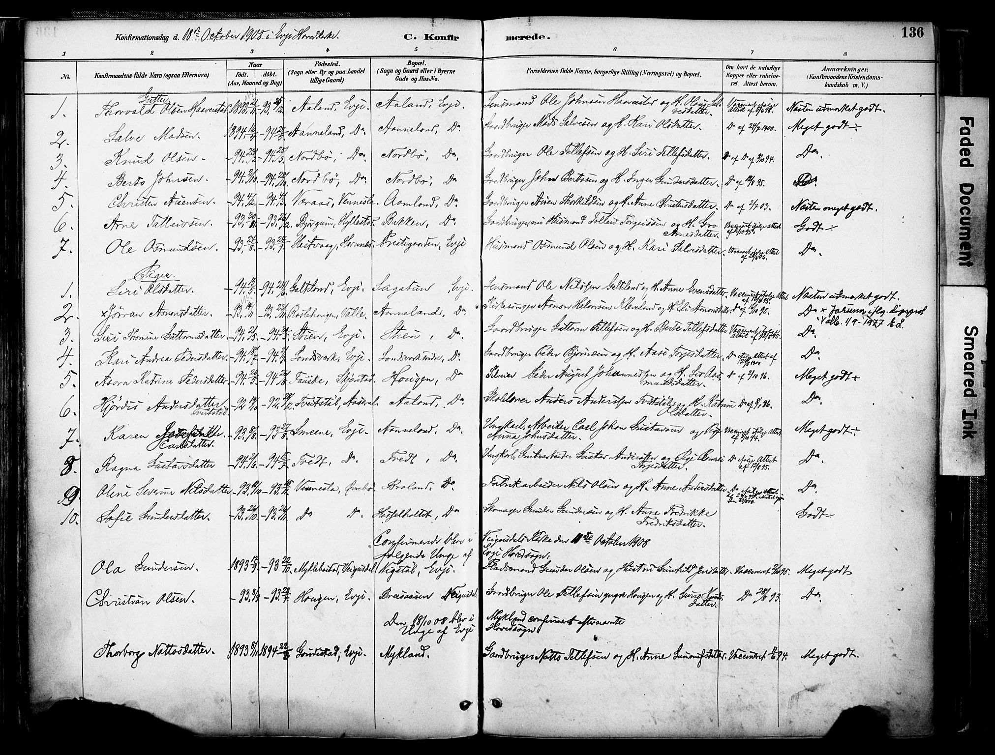 Evje sokneprestkontor, AV/SAK-1111-0008/F/Fa/Faa/L0007: Parish register (official) no. A 7, 1884-1909, p. 136