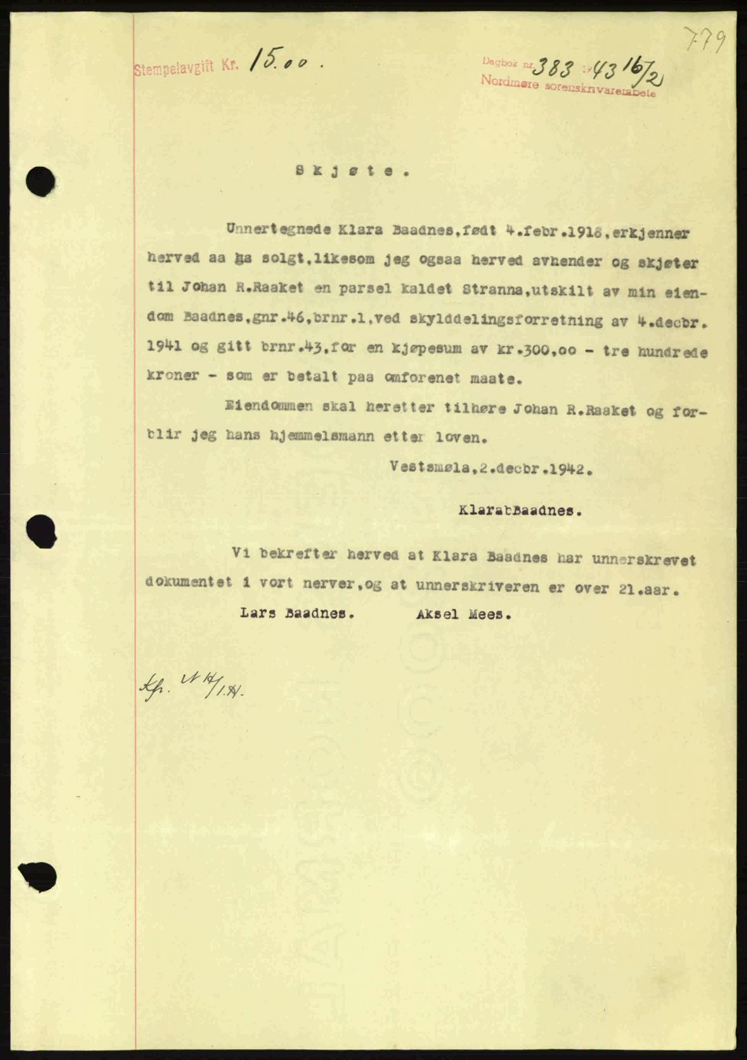 Nordmøre sorenskriveri, AV/SAT-A-4132/1/2/2Ca: Mortgage book no. A94, 1942-1943, Diary no: : 383/1943