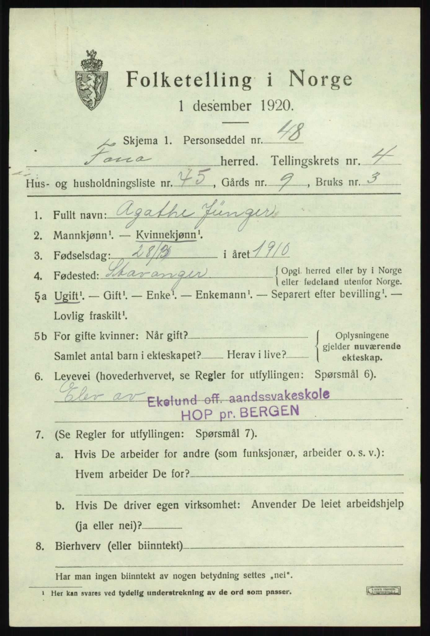 SAB, 1920 census for Fana, 1920, p. 6283