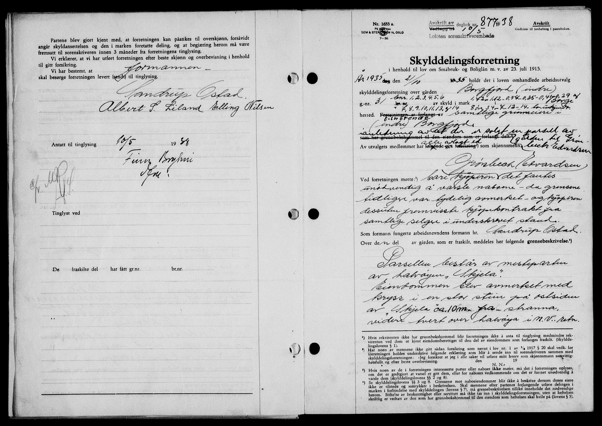 Lofoten sorenskriveri, SAT/A-0017/1/2/2C/L0004a: Mortgage book no. 4a, 1938-1938, Diary no: : 877/1938