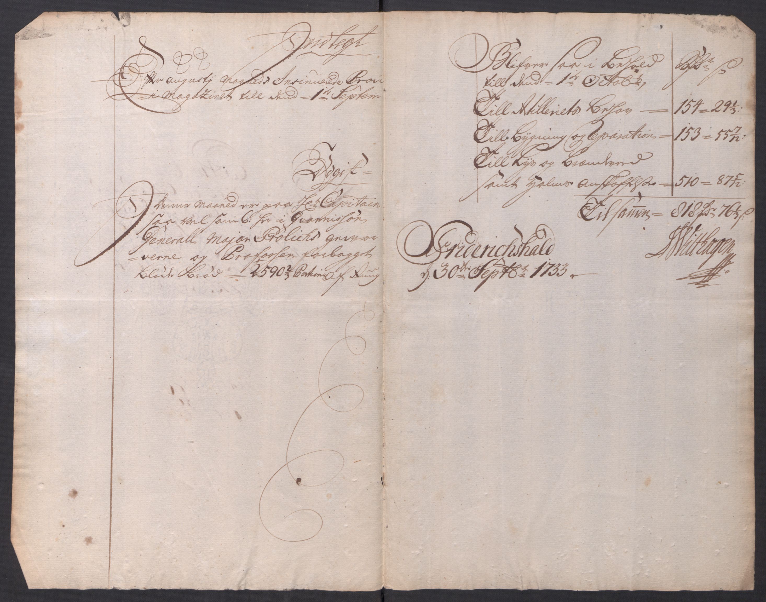 Kommanderende general (KG I) med Det norske krigsdirektorium, AV/RA-EA-5419/D/L0154: Fredriksten festning: Brev, inventarfortegnelser og regnskapsekstrakter, 1730-1739, p. 180