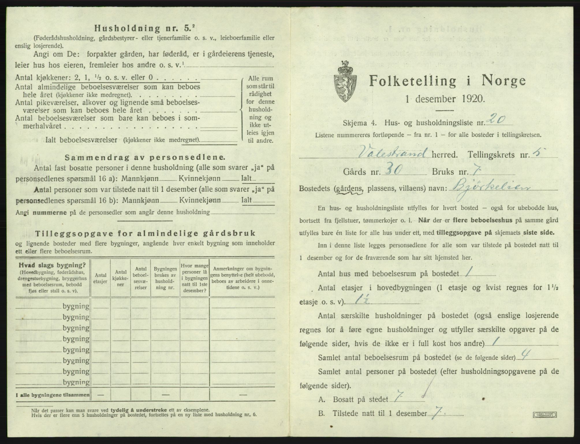 SAB, 1920 census for Valestrand, 1920, p. 368