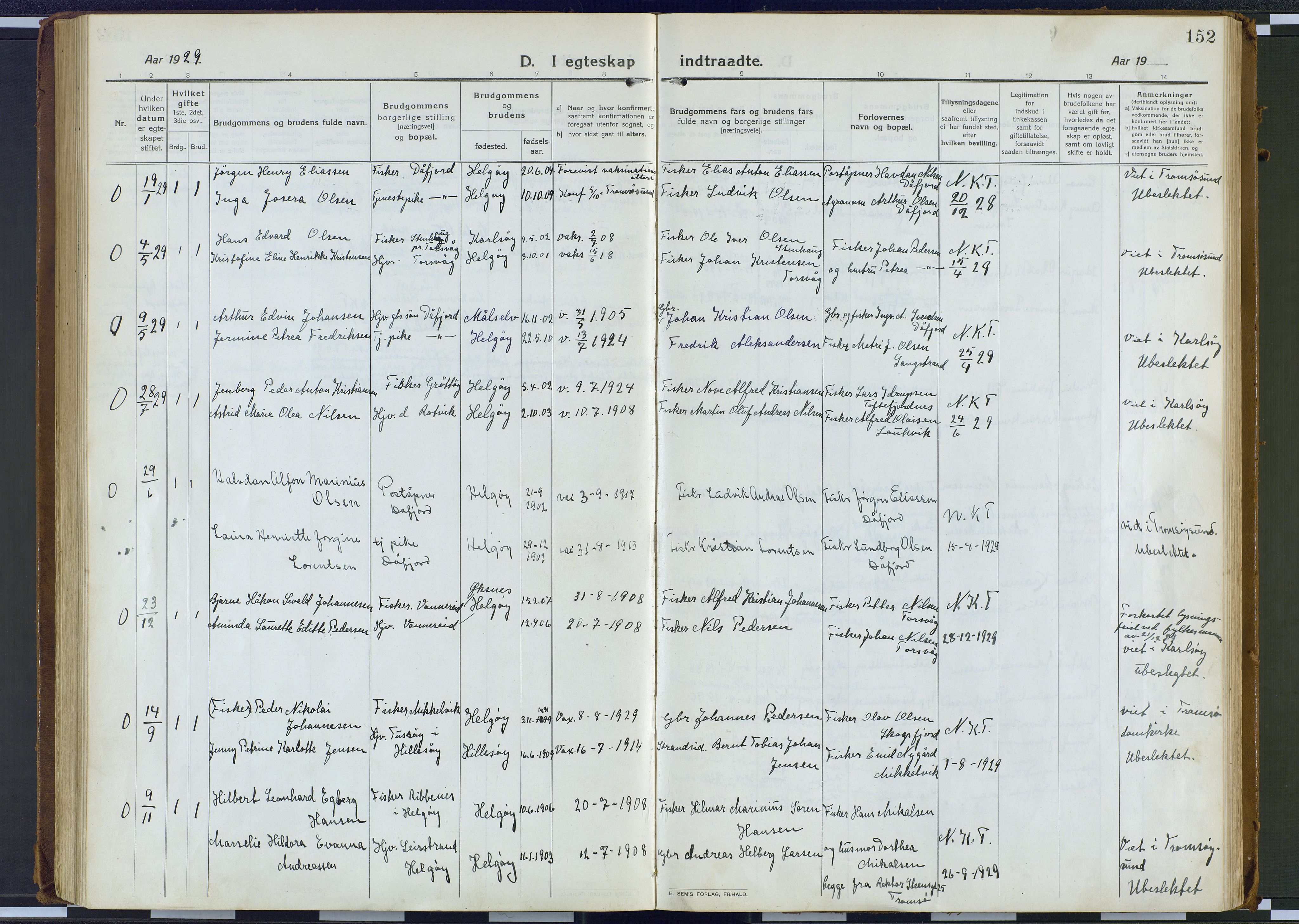 Karlsøy sokneprestembete, AV/SATØ-S-1299/H/Ha/Haa/L0016kirke: Parish register (official) no. 16, 1916-1934, p. 152