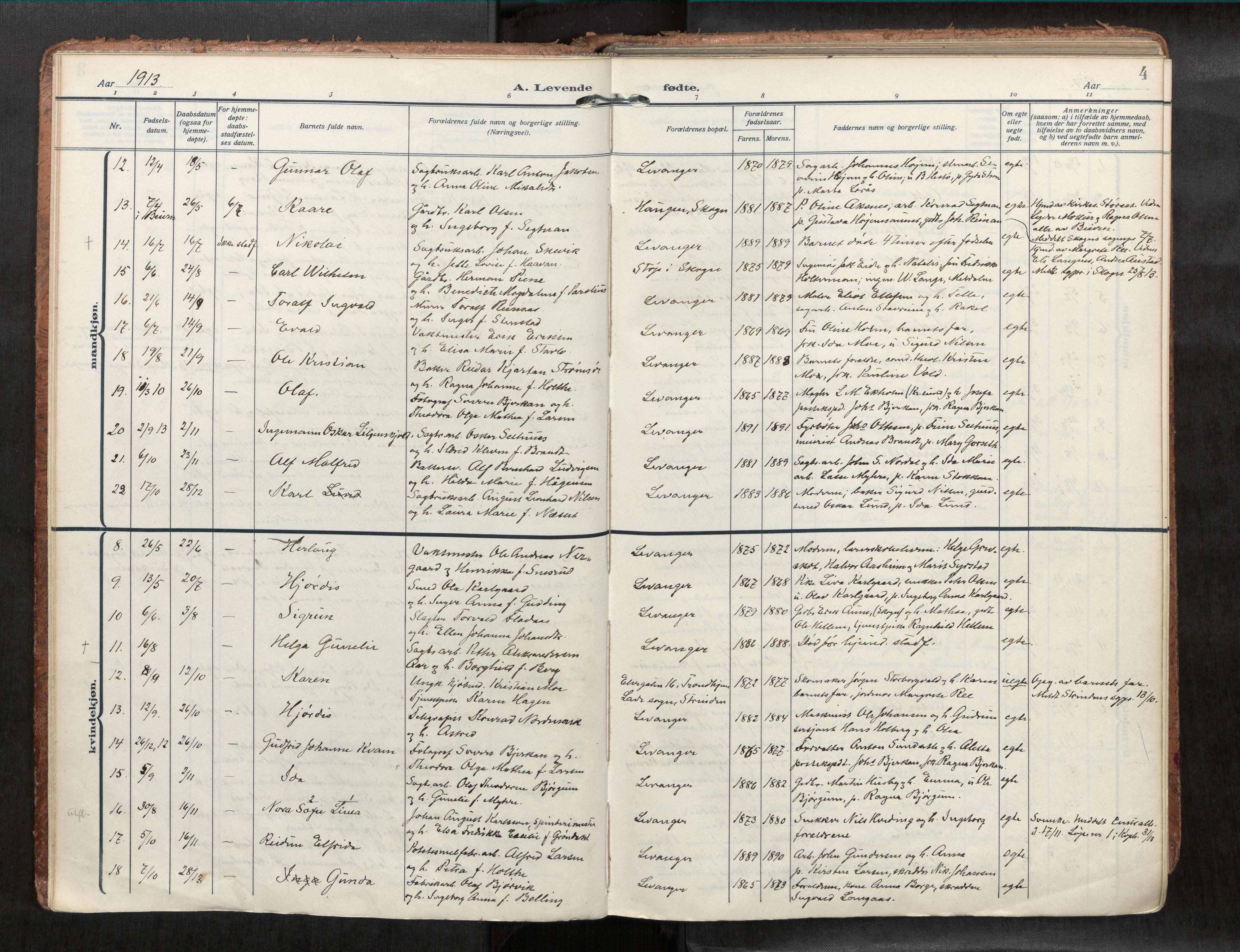 Levanger sokneprestkontor, SAT/A-1301/2/H/Haa/L0001: Parish register (official) no. 1, 1912-1932, p. 4