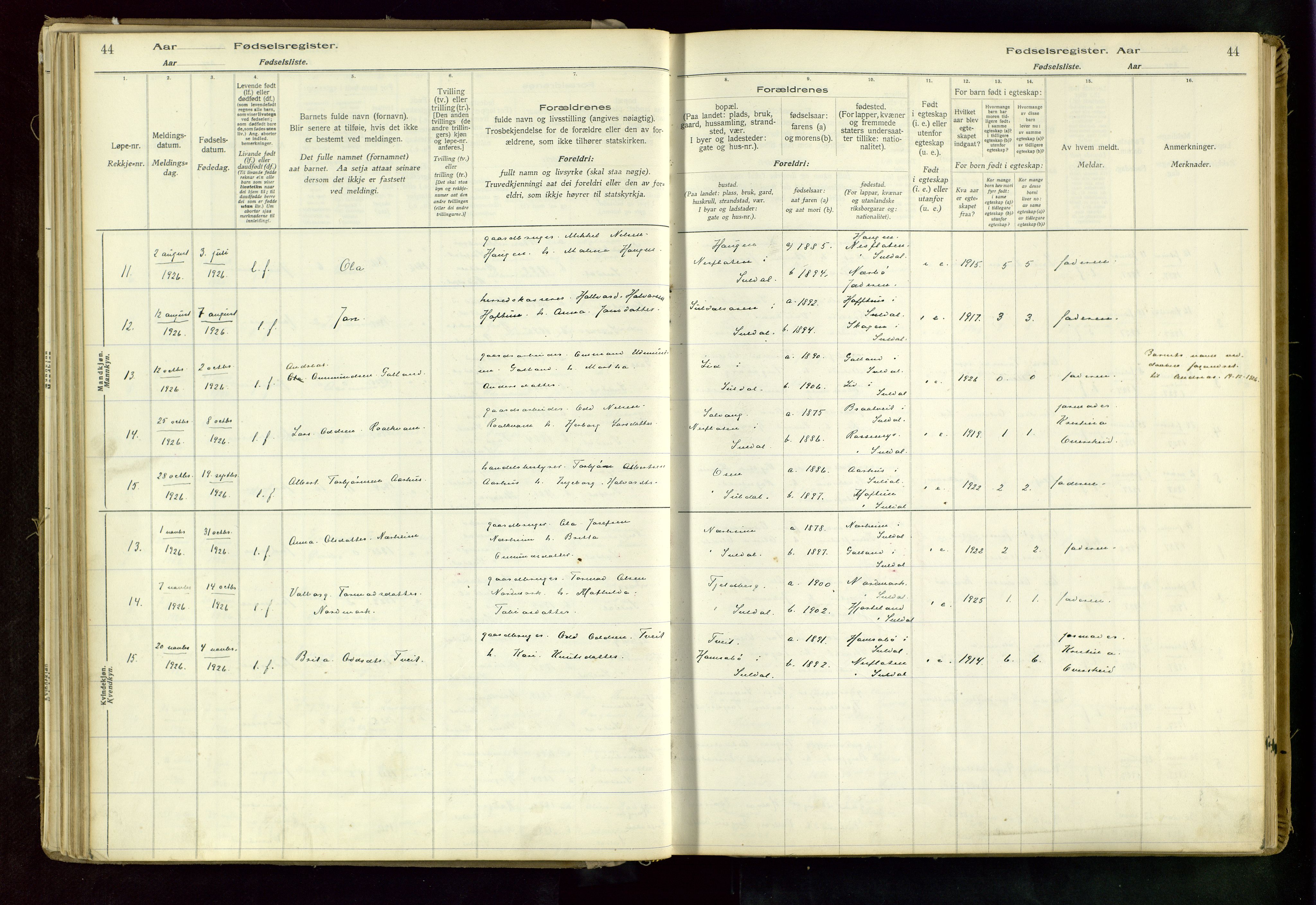 Suldal sokneprestkontor, AV/SAST-A-101845/03/A/L0002: Birth register no. 2, 1916-1982, p. 44